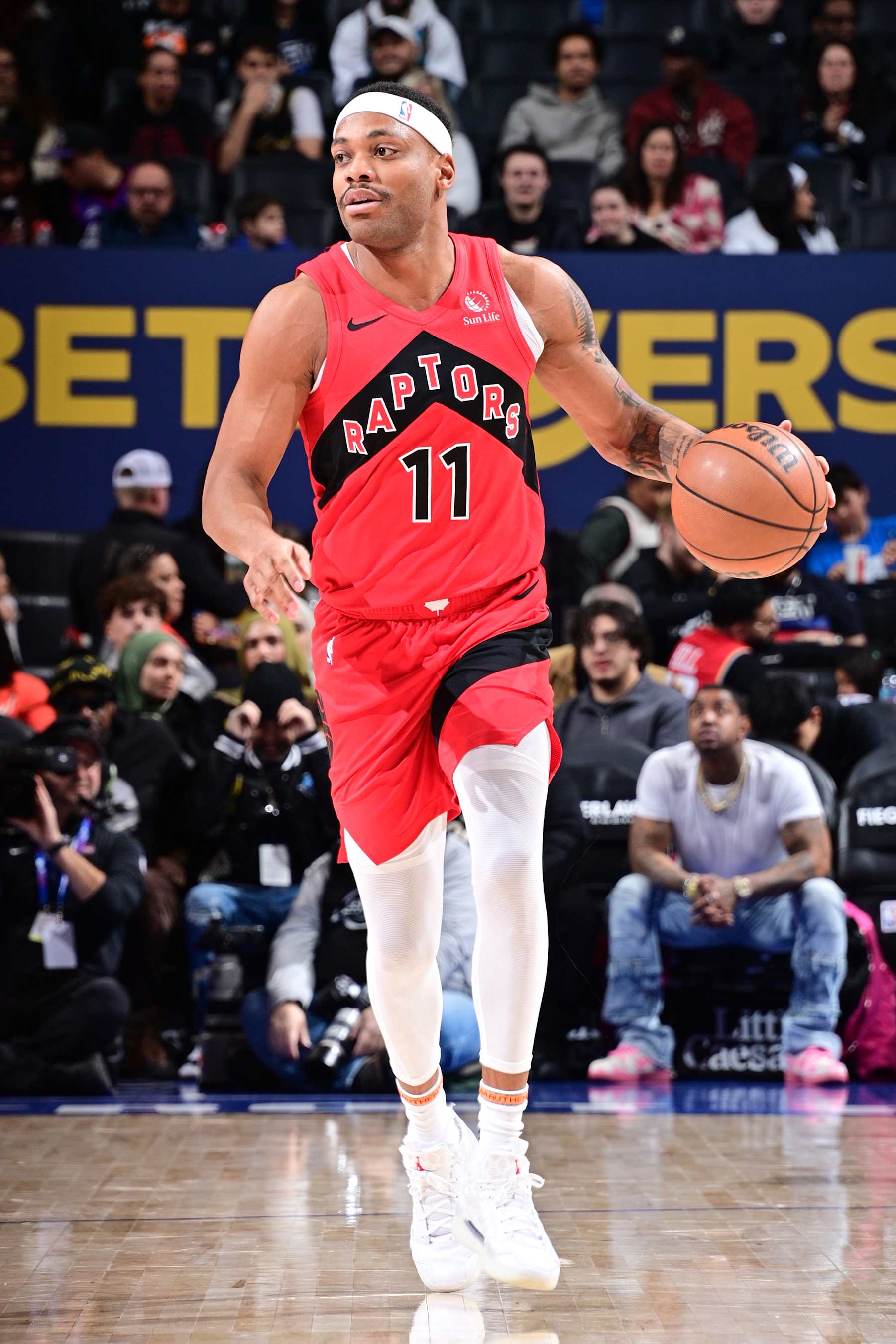 DETROIT, MI - JANUARY 11:  Bruce Brown #11 of the Toronto Raptors dribbles the ball during the game against the Detroit Pistons  on January 11, 2024 at Little Caesars Arena in Detroit, Michigan. NOTE TO USER: User expressly acknowledges and agrees that, by downloading and/or using this photograph, User is consenting to the terms and conditions of the Getty Images License Agreement. Mandatory Copyright Notice: Copyright 2024 NBAE (Photo by Chris Schwegler/NBAE via Getty Images)