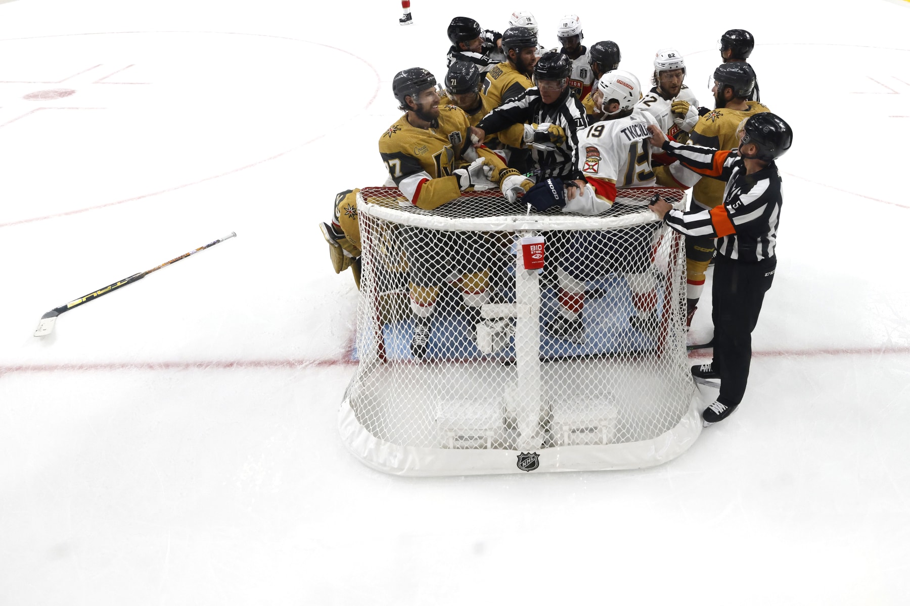 LAS VEGAS, NEVADA - JUNE 05:  The Vegas Golden Knights and Florida Panthers mix it up during the third period in Game Two of the 2023 NHL Stanley Cup Final at T-Mobile Arena on June 05, 2023 in Las Vegas, Nevada. (Photo by Sean M. Haffey/Getty Images)