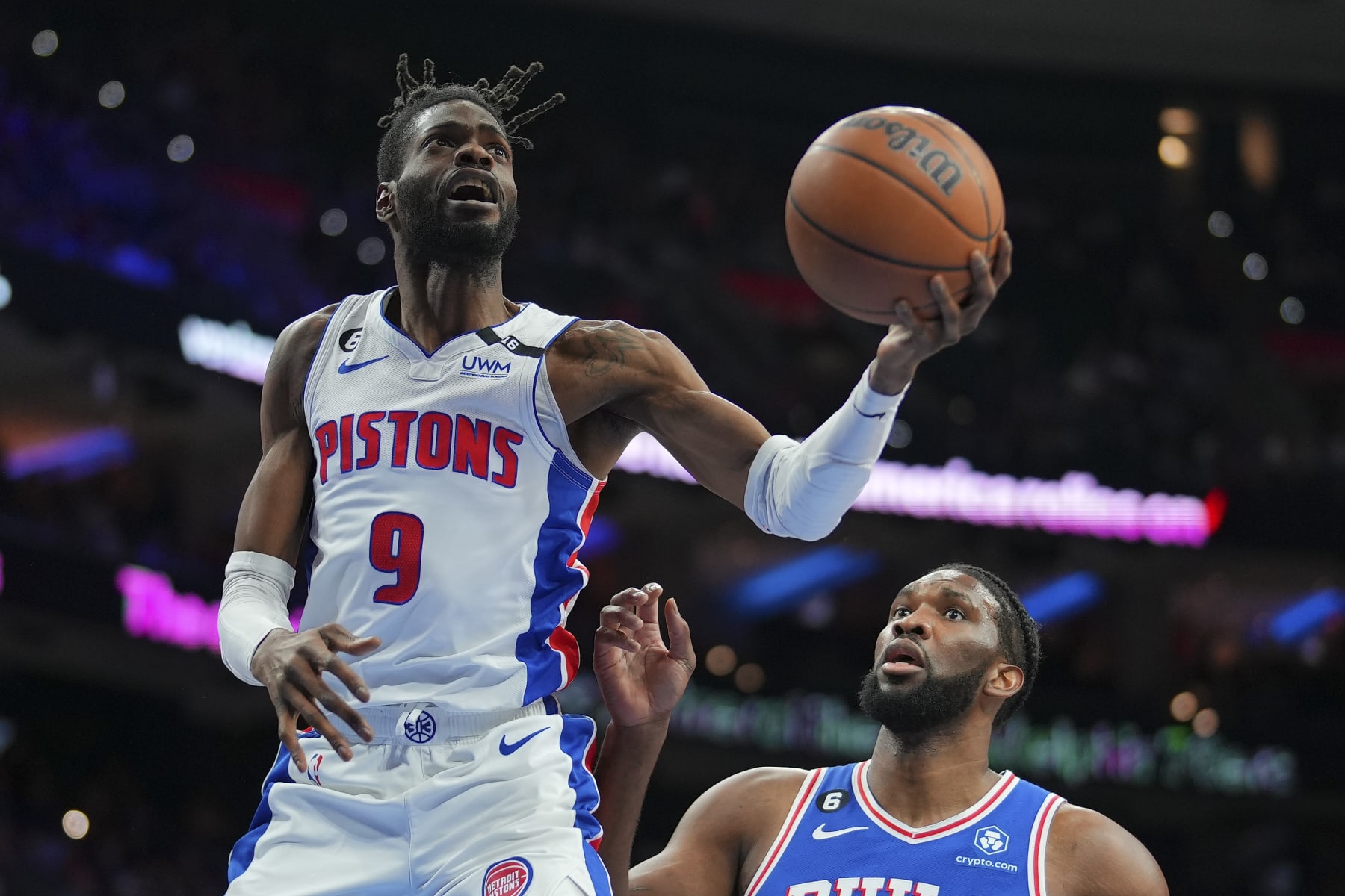 PHILADELPHIA, PA - JANUARY 10: Nerlens Noel #9 of the Detroit Pistons shoots the ball against Joel Embiid #21 of the Philadelphia 76ers at the Wells Fargo Center on January 10, 2023 in Philadelphia, Pennsylvania. NOTE TO USER: User expressly acknowledges and agrees that, by downloading and or using this photograph, User is consenting to the terms and conditions of the Getty Images License Agreement. (Photo by Mitchell Leff/Getty Images)