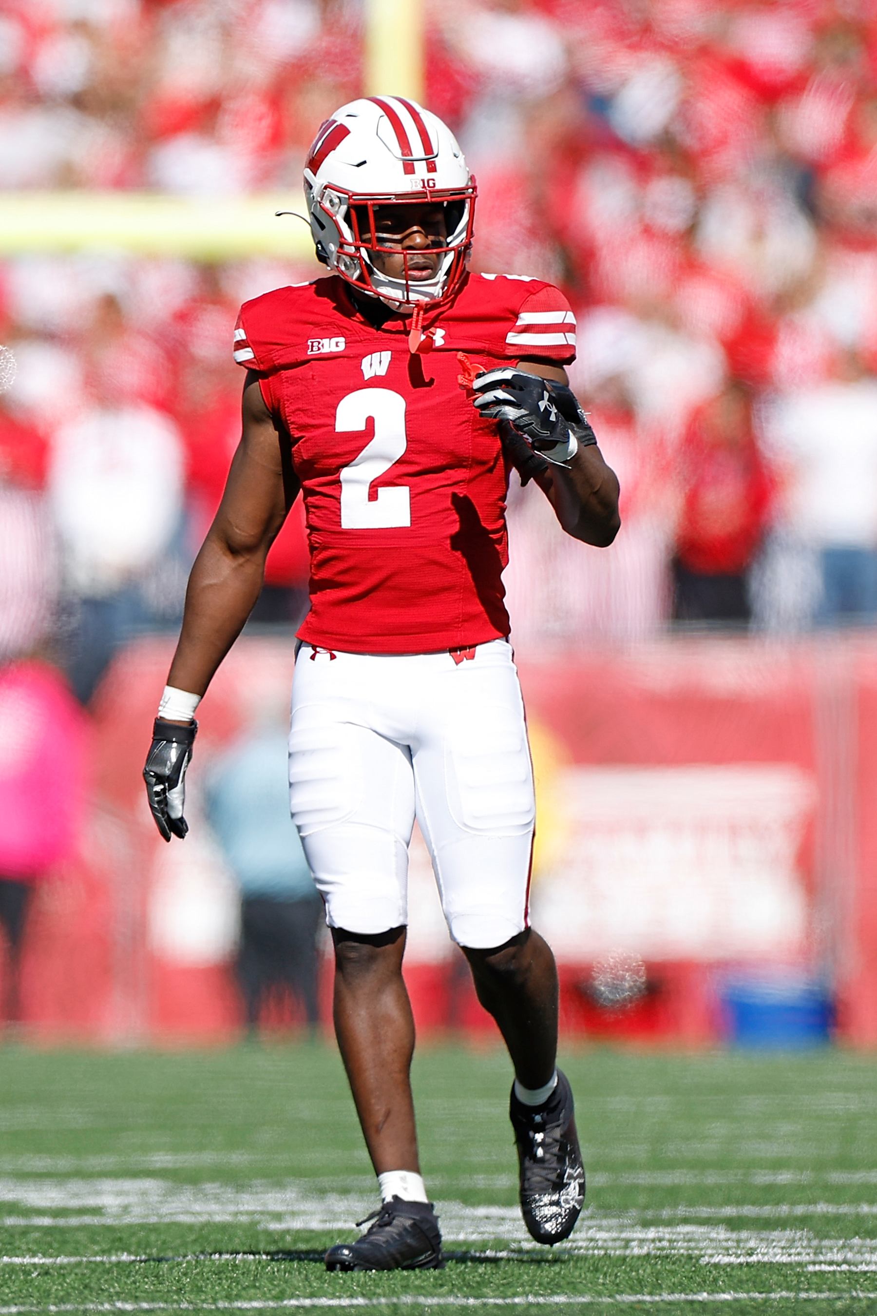 MADISON, WISCONSIN - OCTOBER 07: Ricardo Hallman #2 of the Wisconsin Badgers during the game against the Rutgers Scarlet Knights at Camp Randall Stadium on October 07, 2023 in Madison, Wisconsin. (Photo by John Fisher/Getty Images)