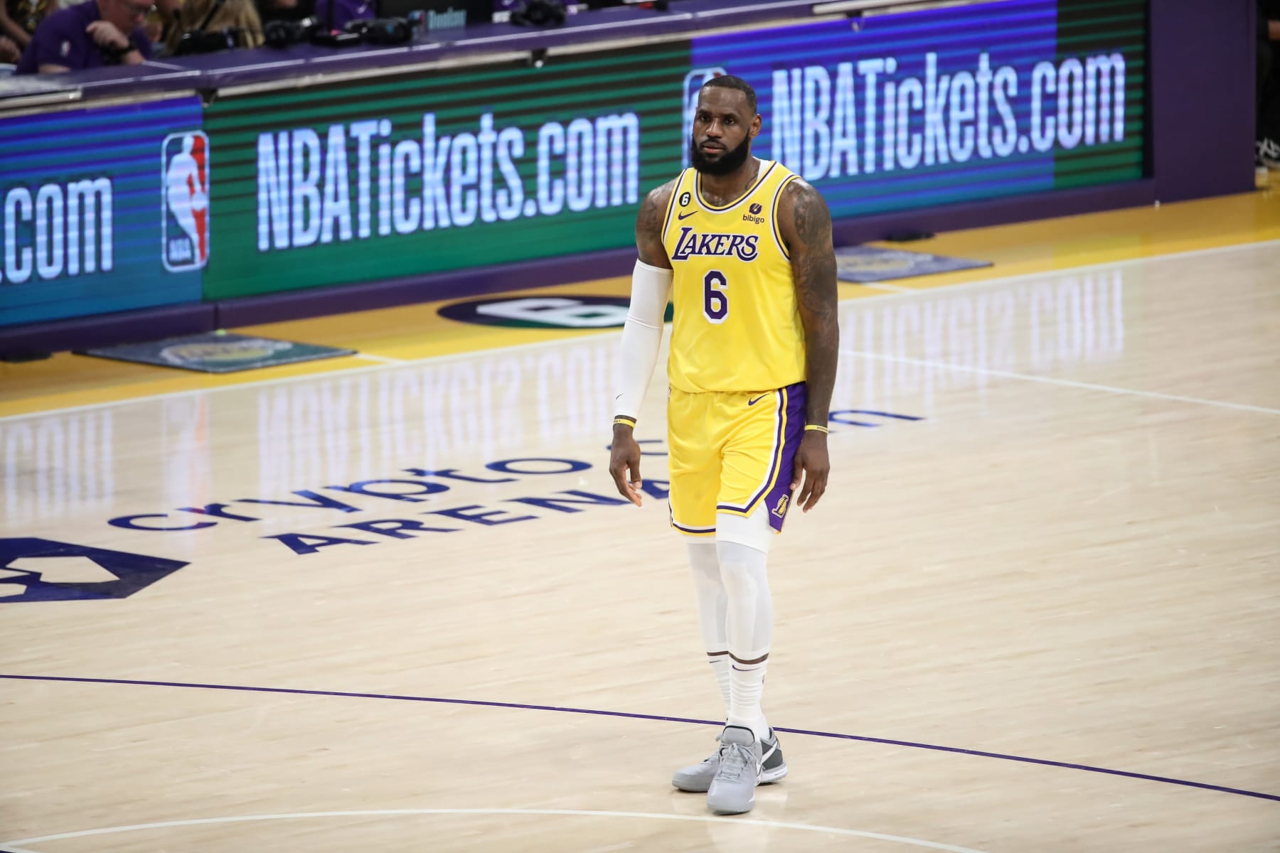 LOS ANGELES, CA - MAY 22: Los Angeles Lakers forward LeBron James (6) during the Denver Nuggets versus the Los Angeles Lakers in Game 4 of the NBA Western Conference Finals on May 22, 2023, at Crypto.com Arena in Los Angeles, CA. (Photo by Jevone Moore/Icon Sportswire via Getty Images)