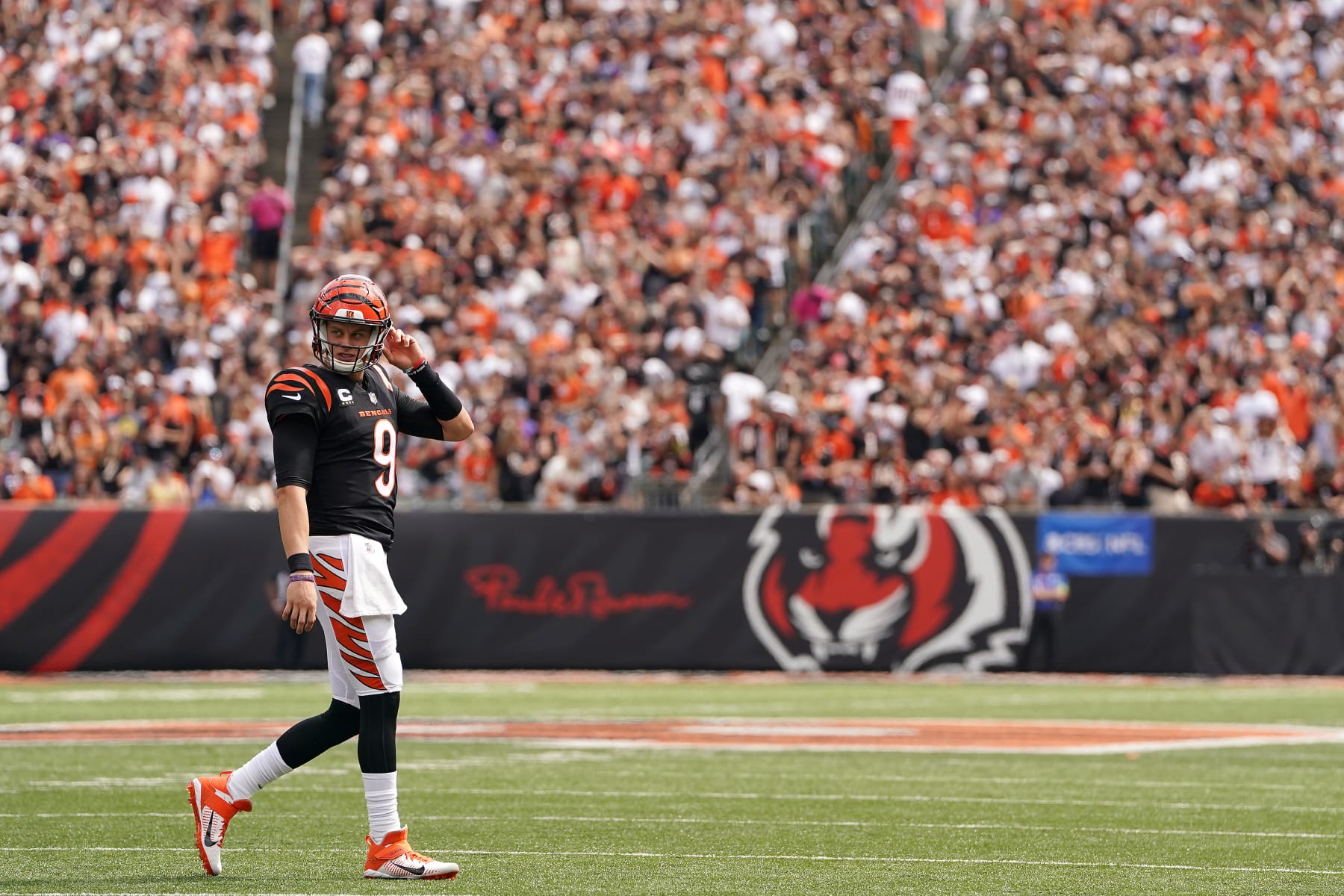 CINCINNATI, OHIO - SEPTEMBER 17: Joe Burrow #9 of the Cincinnati Bengals looks on during the second quarter in the game against the Baltimore Ravens at Paycor Stadium on September 17, 2023 in Cincinnati, Ohio. (Photo by Dylan Buell/Getty Images)
