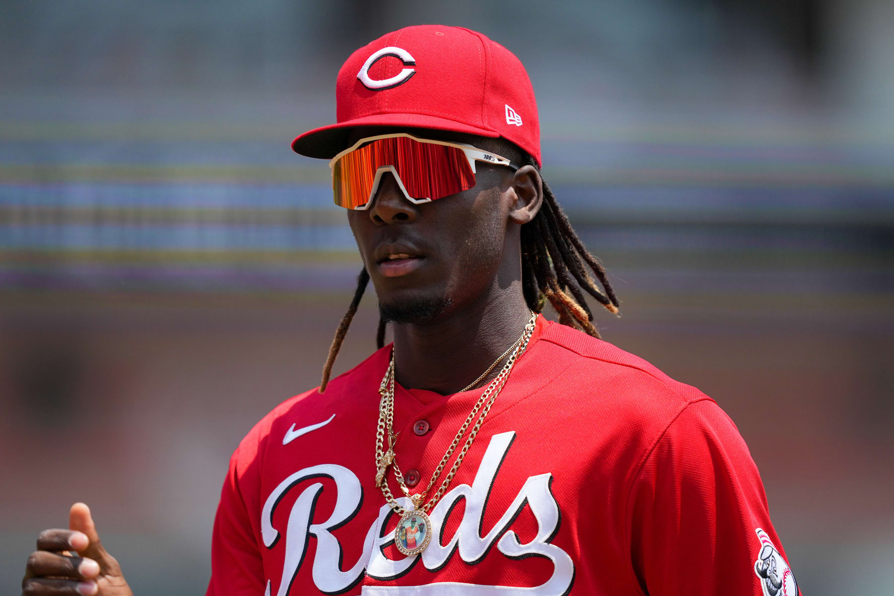 CINCINNATI, OHIO - JUNE 08: Elly De La Cruz #44 of the Cincinnati Reds walks across the field in the first inning against the Los Angeles Dodgers at Great American Ball Park on June 08, 2023 in Cincinnati, Ohio. (Photo by Dylan Buell/Getty Images)
