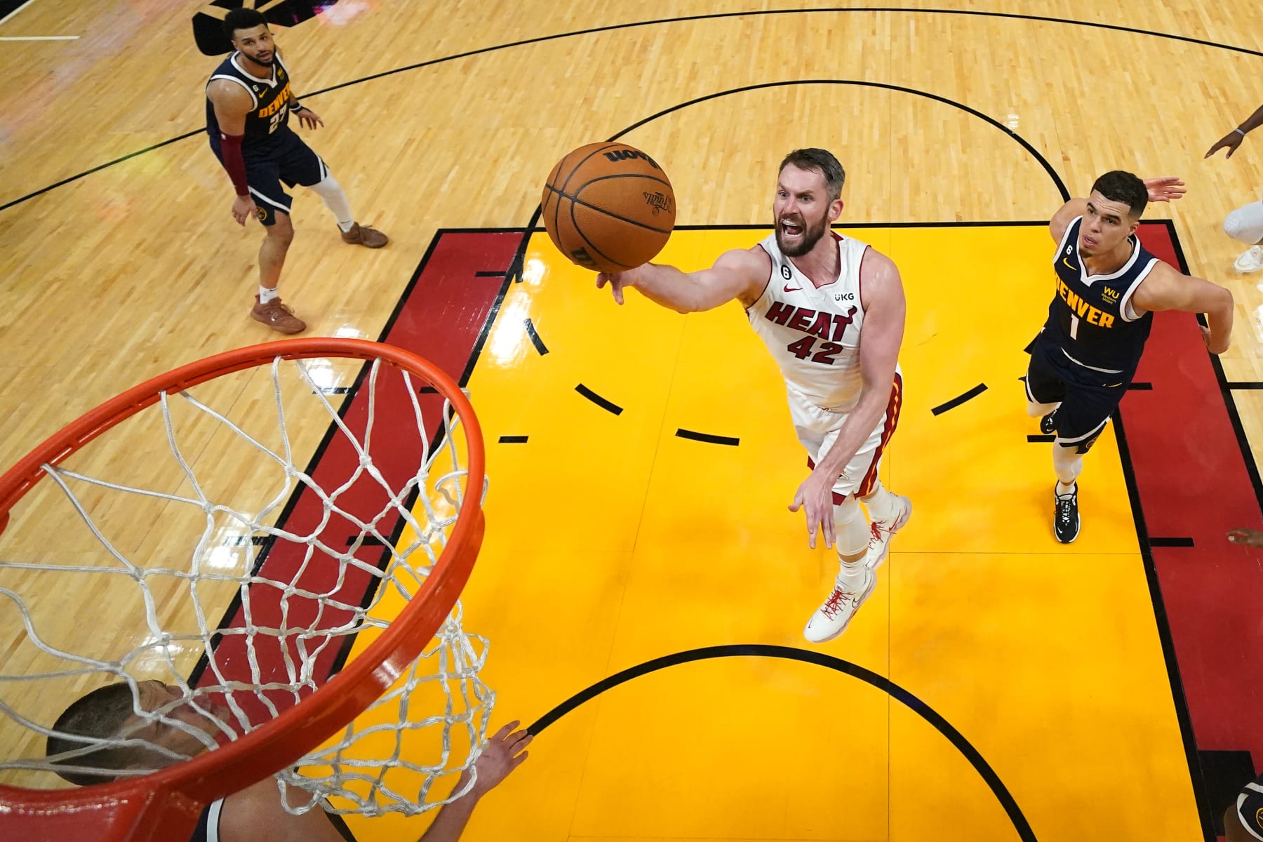 MIAMI, FLORIDA - JUNE 09: Kevin Love #42 of the Miami Heat shoots the ball during the second half against the Denver Nuggets in Game Four of the 2023 NBA Finals at Kaseya Center on June 09, 2023 in Miami, Florida. NOTE TO USER: User expressly acknowledges and agrees that, by downloading and or using this photograph, User is consenting to the terms and conditions of the Getty Images License Agreement. (Photo by Kyle Terada - Pool/Getty Images)