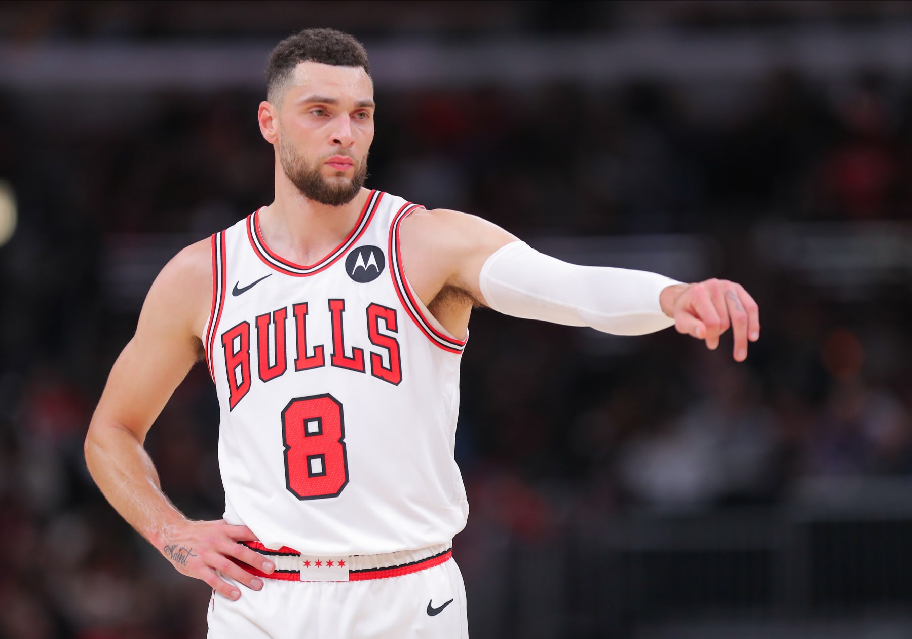 CHICAGO, IL - JANUARY 10: Zach LaVine #8 of the Chicago Bulls reacts after a play  during the first half against the Houston Rockets at the United Center on January 10, 2024 in Chicago, Illinois. (Photo by Melissa Tamez/Icon Sportswire via Getty Images)