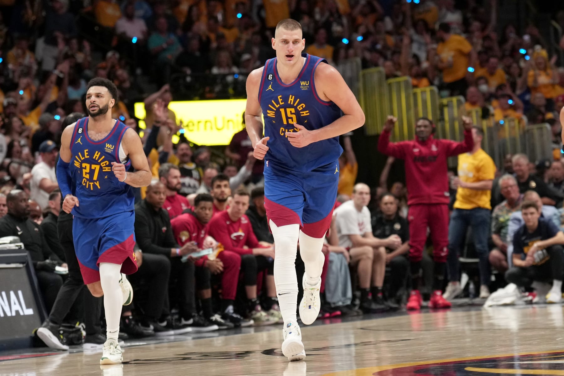 DENVER, CO - JUNE 1: Nikola Jokic #15 of the Denver Nuggets looks on during Game One of the 2023 NBA Finals against the Miami Heat on June 1, 2023 at the Ball Arena in Denver, Colorado. NOTE TO USER: User expressly acknowledges and agrees that, by downloading and/or using this Photograph, user is consenting to the terms and conditions of the Getty Images License Agreement. Mandatory Copyright Notice: Copyright 2023 NBAE (Photo by Jesse D. Garrabrant/NBAE via Getty Images)