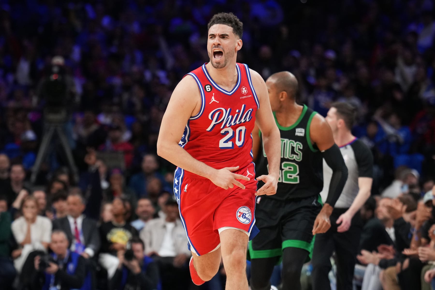 PHILADELPHIA, PA - MAY 5: Georges Niang #20 of the Philadelphia 76ers reacts during Round 2 Game 3 of the Eastern Conference Semi-Finals 2023 NBA Playoffs against the Boston Celtics on May 5, 2023 at the Wells Fargo Center in Philadelphia, Pennsylvania NOTE TO USER: User expressly acknowledges and agrees that, by downloading and/or using this Photograph, user is consenting to the terms and conditions of the Getty Images License Agreement. Mandatory Copyright Notice: Copyright 2023 NBAE (Photo by Jesse D. Garrabrant/NBAE via Getty Images)