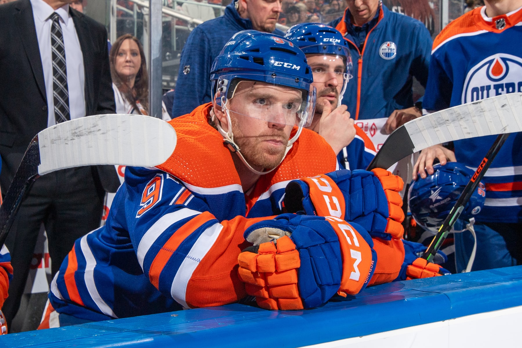 EDMONTON, CANADA - MARCH 16: Connor McDavid #97 of the Edmonton Oilers looks on from the bench before the game against the Colorado Avalanche at Rogers Place on March 16, 2024, in Edmonton, Alberta, Canada. (Photo by Andy Devlin/NHLI via Getty Images)