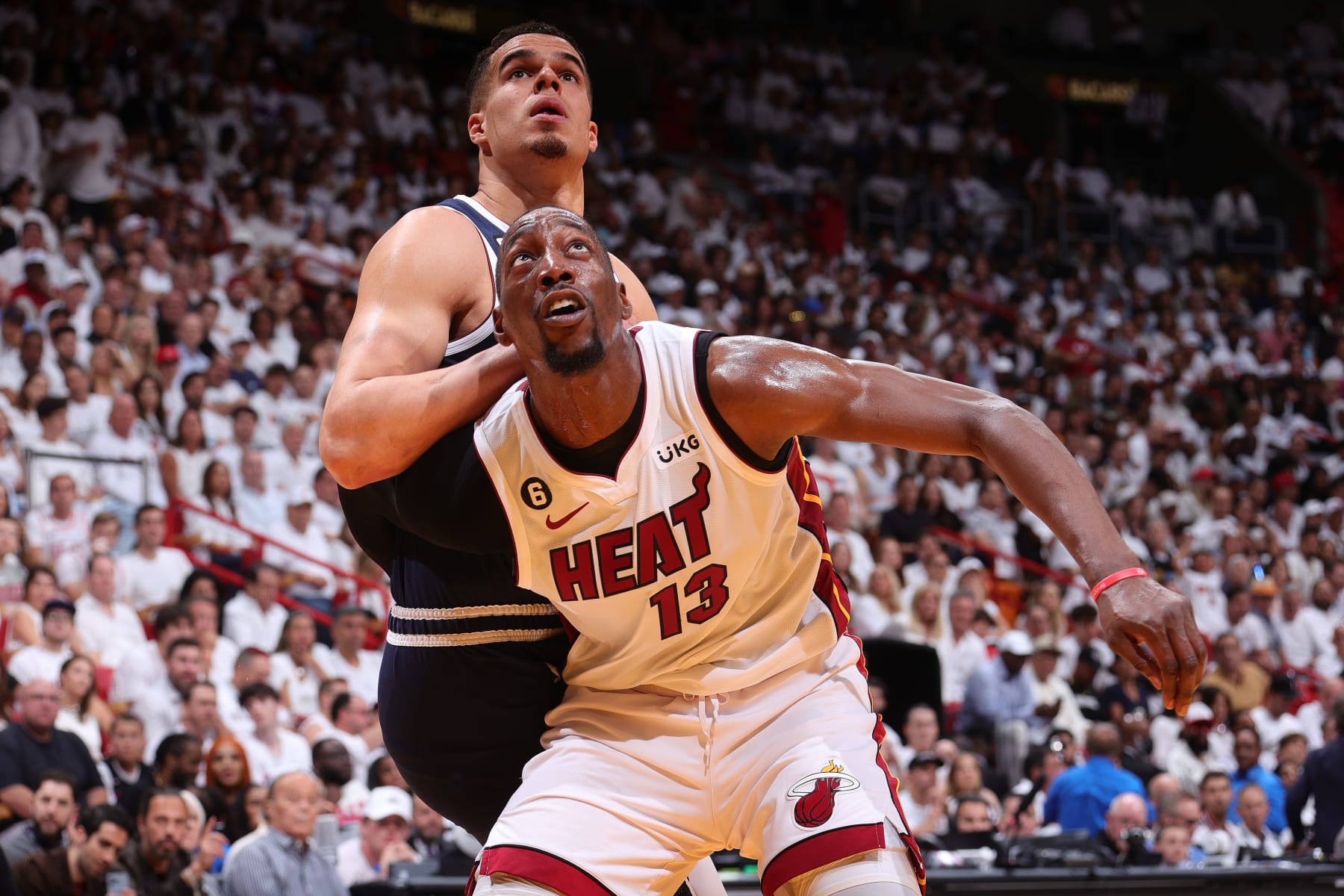 MIAMI, FL - JUNE 9: Bam Adebayo #13 of the Miami Heat boxes out during Game Four of the 2023 NBA Finals against the Denver Nuggets on June 9, 2023 at Kaseya Center in Miami, Florida. NOTE TO USER: User expressly acknowledges and agrees that, by downloading and or using this Photograph, user is consenting to the terms and conditions of the Getty Images License Agreement. Mandatory Copyright Notice: Copyright 2023 NBAE (Photo by Nathaniel S. Butler/NBAE via Getty Images)