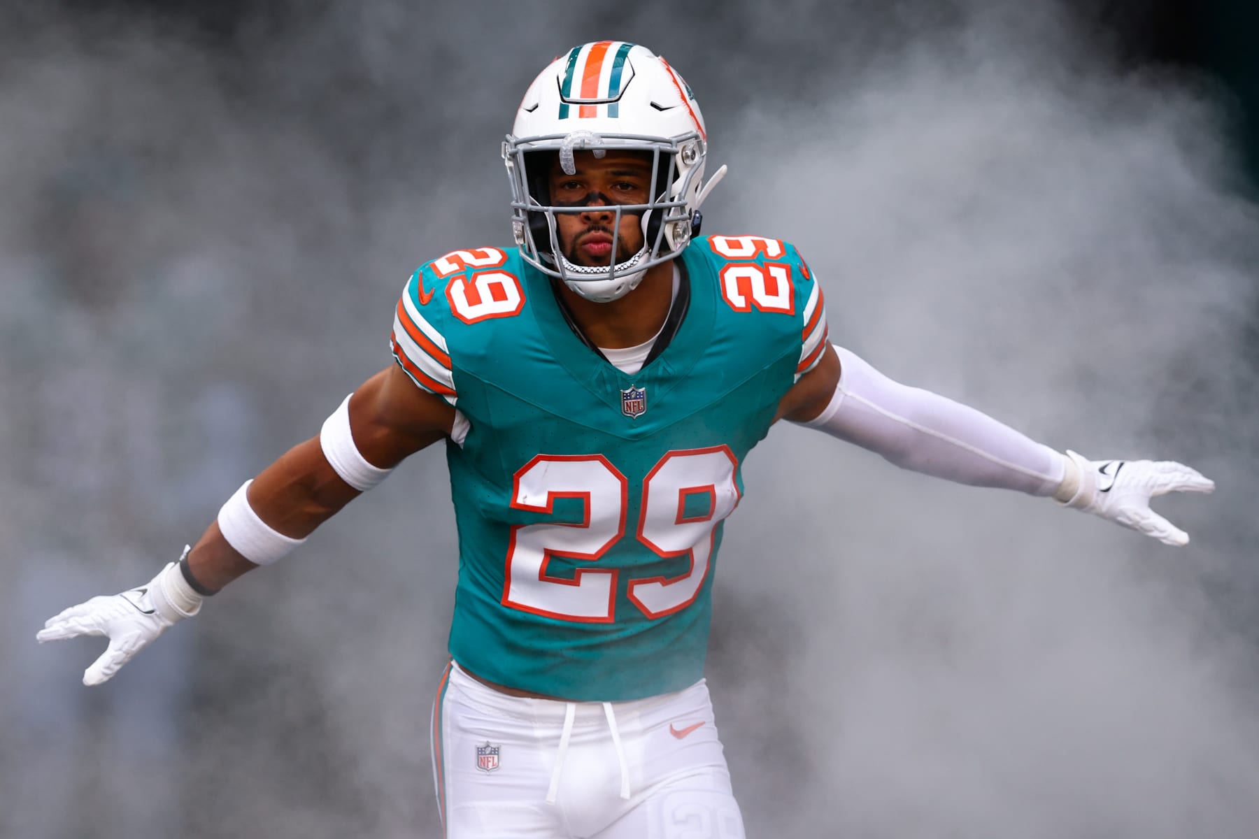 MIAMI GARDENS, FLORIDA - DECEMBER 24: Brandon Jones #29 of the Miami Dolphins takes the field prior to a game against the Dallas Cowboys at Hard Rock Stadium on December 24, 2023 in Miami Gardens, Florida. (Photo by Megan Briggs/Getty Images)