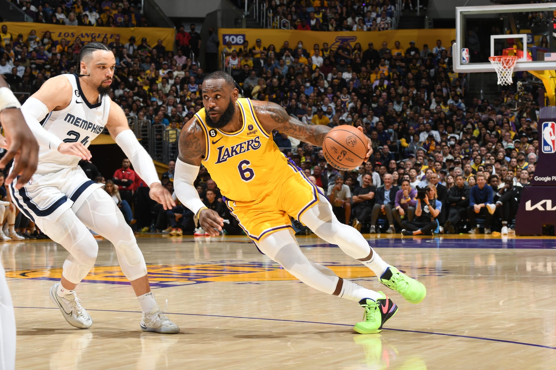 LOS ANGELES, CA - APRIL 24: LeBron James #6 of the Los Angeles Lakers dribbles the ball during Round One Game Four of the 2023 NBA Playoffs against the Memphis Grizzlies on April 24, 2023 at Crypto.Com Arena in Los Angeles, California. NOTE TO USER: User expressly acknowledges and agrees that, by downloading and/or using this Photograph, user is consenting to the terms and conditions of the Getty Images License Agreement. Mandatory Copyright Notice: Copyright 2023 NBAE (Photo by Andrew D. Bernstein/NBAE via Getty Images)