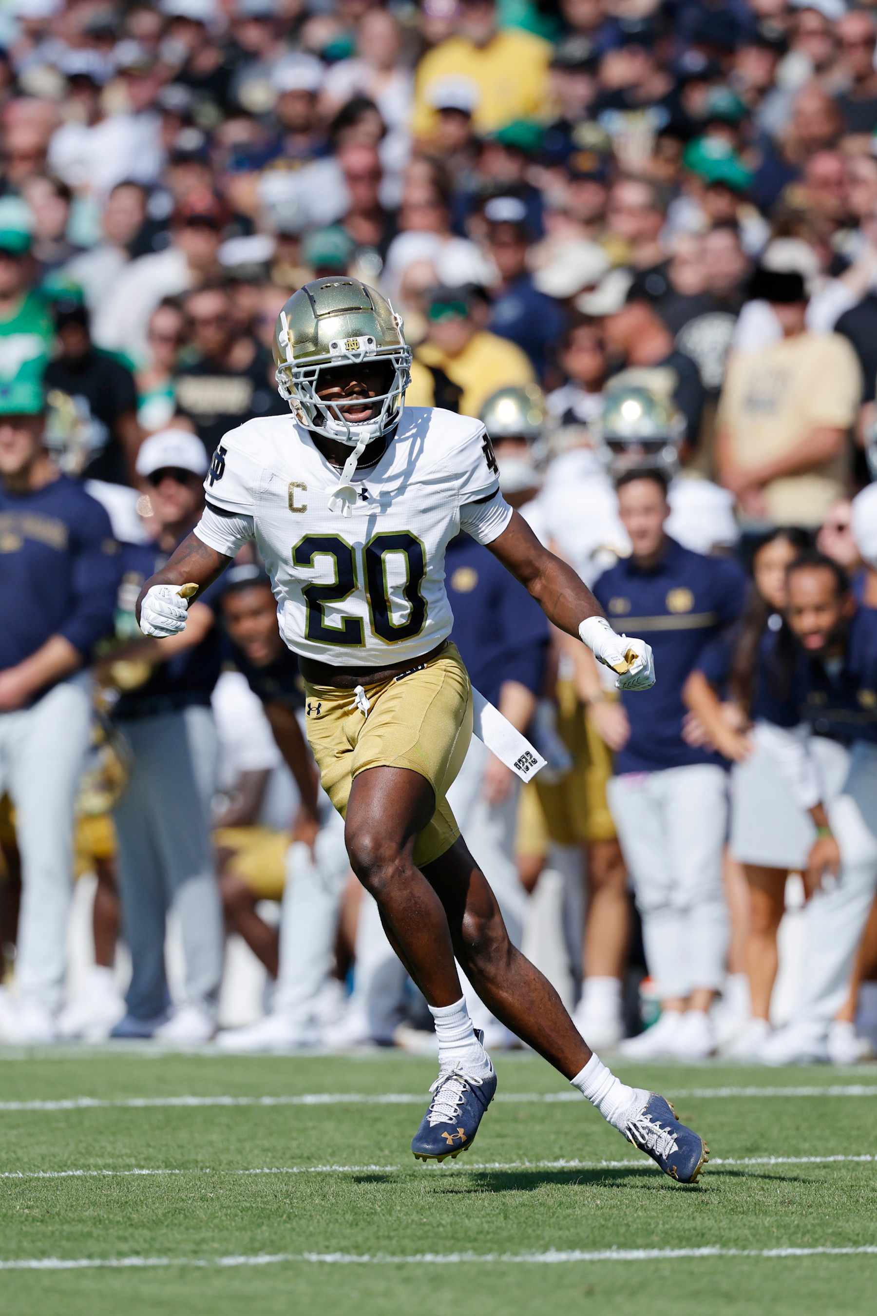 WEST LAFAYETTE, IN - SEPTEMBER 14: Notre Dame Fighting Irish defensive back Benjamin Morrison (20) drops into coverage on defense during a college football game against the Purdue Boilermakers on September 14, 2024 at Ross-Ade Stadium in West Lafayette, Indiana. (Photo by Joe Robbins/Icon Sportswire via Getty Images)