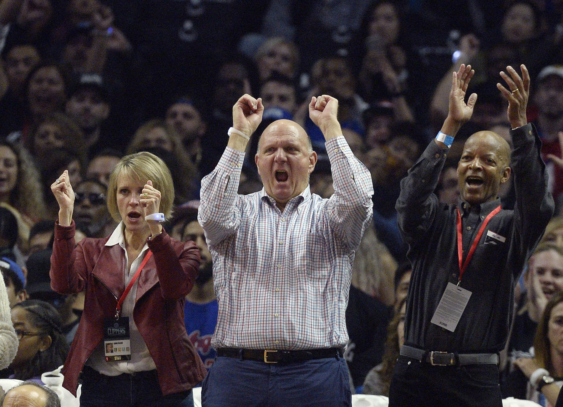 LOS ANGELES, CA - OCTOBER 30: Steve Ballmer owner of the Los Angeles Clippers cheers for his team against Utah Jazz during the first half of a basketball game at Staples Center October 30, 2016, in Los Angeles, California. NOTE TO USER: User expressly acknowledges and agrees that, by downloading and or using this photograph, User is consenting to the terms and conditions of the Getty Images License Agreement. (Photo by Kevork Djansezian/Getty Images)