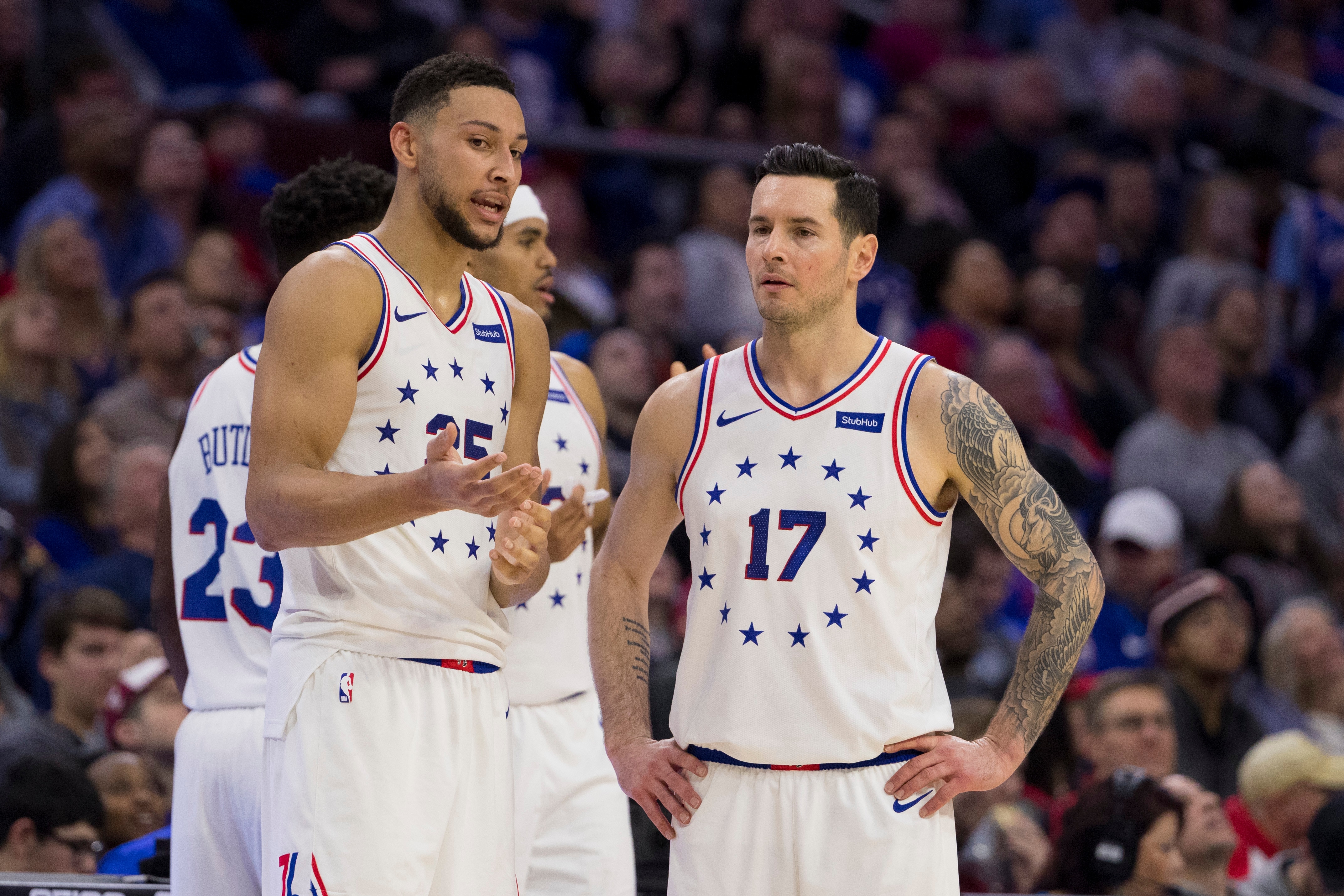 PHILADELPHIA, PA - FEBRUARY 23: Ben Simmons #25 of the Philadelphia 76ers talks to JJ Redick #17 against the Portland Trail Blazers at the Wells Fargo Center on February 23, 2019 in Philadelphia, Pennsylvania. NOTE TO USER: User expressly acknowledges and agrees that, by downloading and or using this photograph, User is consenting to the terms and conditions of the Getty Images License Agreement. (Photo by Mitchell Leff/Getty Images)