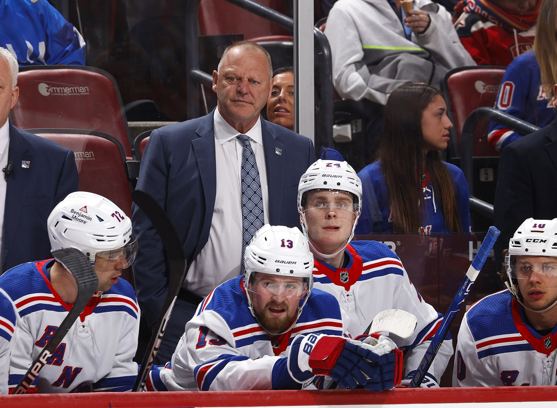SUNRISE, FL - MARCH 25: Head coach Gerard Gallant of the New York Rangers looks on during second period action against the Florida Panthers at the FLA Live Arena on March 25, 2023 in Sunrise, Florida. (Photo by Joel Auerbach/Getty Images)