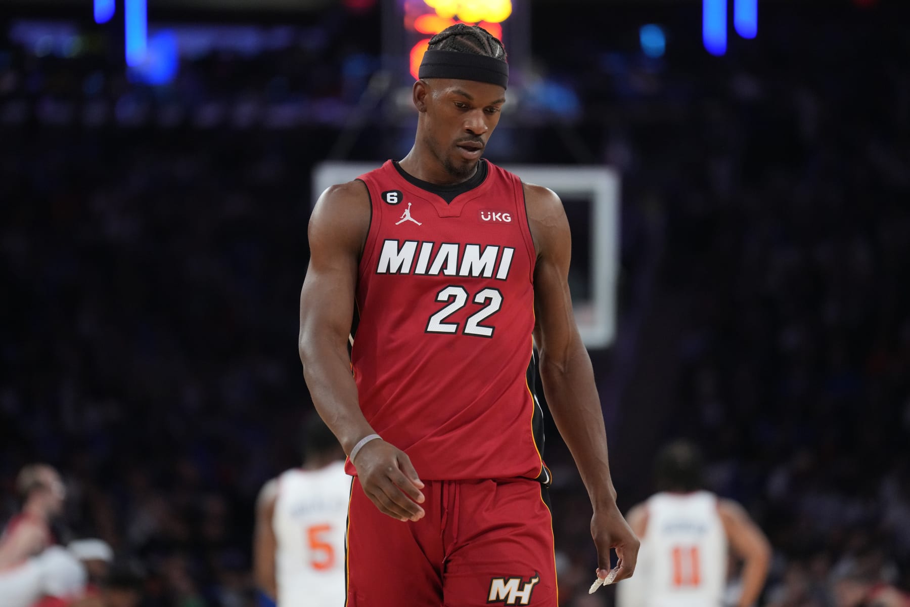 NEW YORK, NY - APRIL 30: Jimmy Butler #22 of the Miami Heat looks on during Game One of the Eastern Conference Semi-Finals of the 2023 NBA Playoffs against the New York Knicks on April 30, 2023 at Madison Square Garden in New York City, New York.  NOTE TO USER: User expressly acknowledges and agrees that, by downloading and or using this photograph, User is consenting to the terms and conditions of the Getty Images License Agreement. Mandatory Copyright Notice: Copyright 2023 NBAE  (Photo by Jesse D. Garrabrant/NBAE via Getty Images)