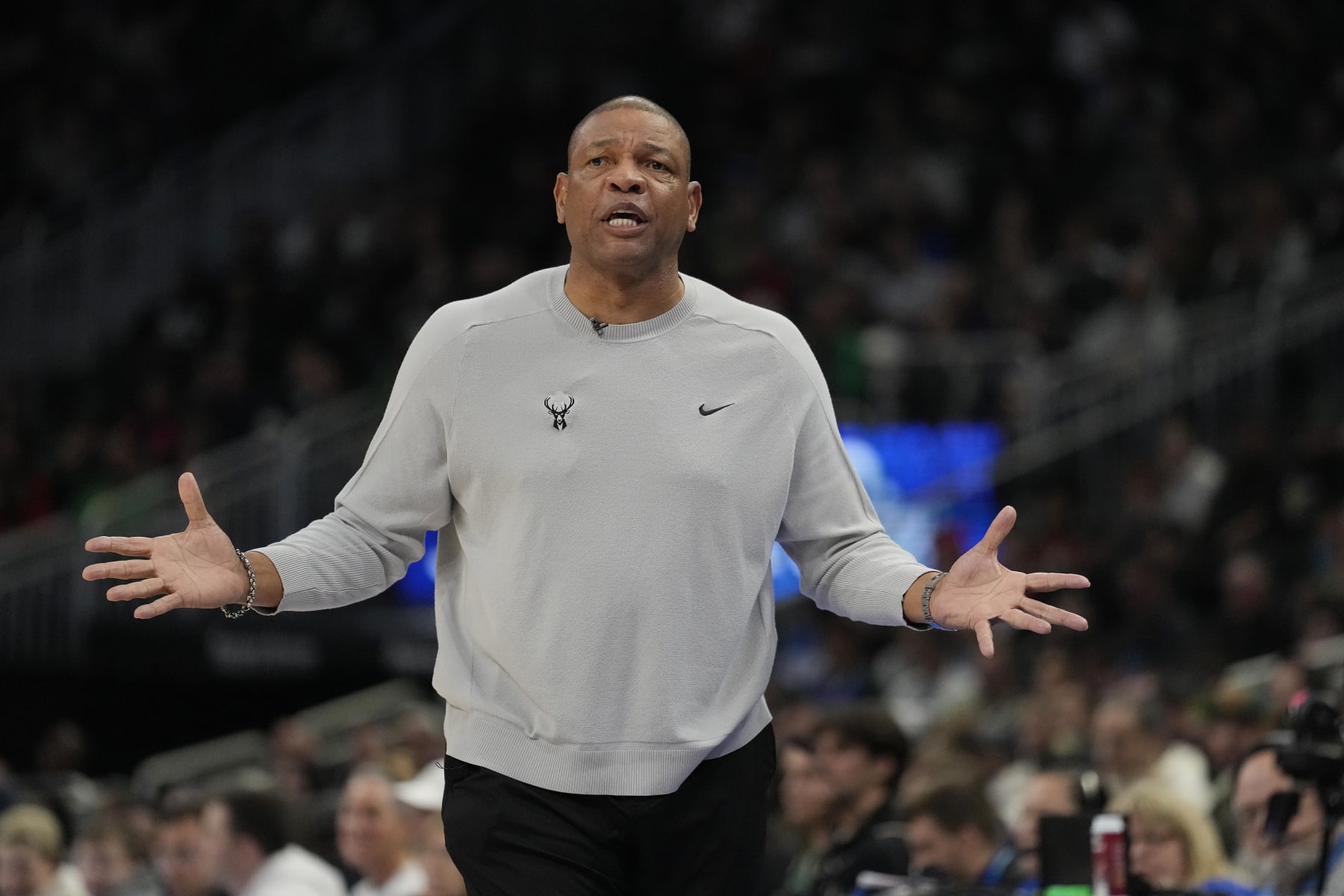 MILWAUKEE, WISCONSIN - MARCH 17: Head coach Doc Rivers of the Milwaukee Bucks reacts during the first half against the Phoenix Suns at Fiserv Forum on March 17, 2024 in Milwaukee, Wisconsin. NOTE TO USER: User expressly acknowledges and agrees that, by downloading and or using this photograph, User is consenting to the terms and conditions of the Getty Images License Agreement. (Photo by Patrick McDermott/Getty Images)