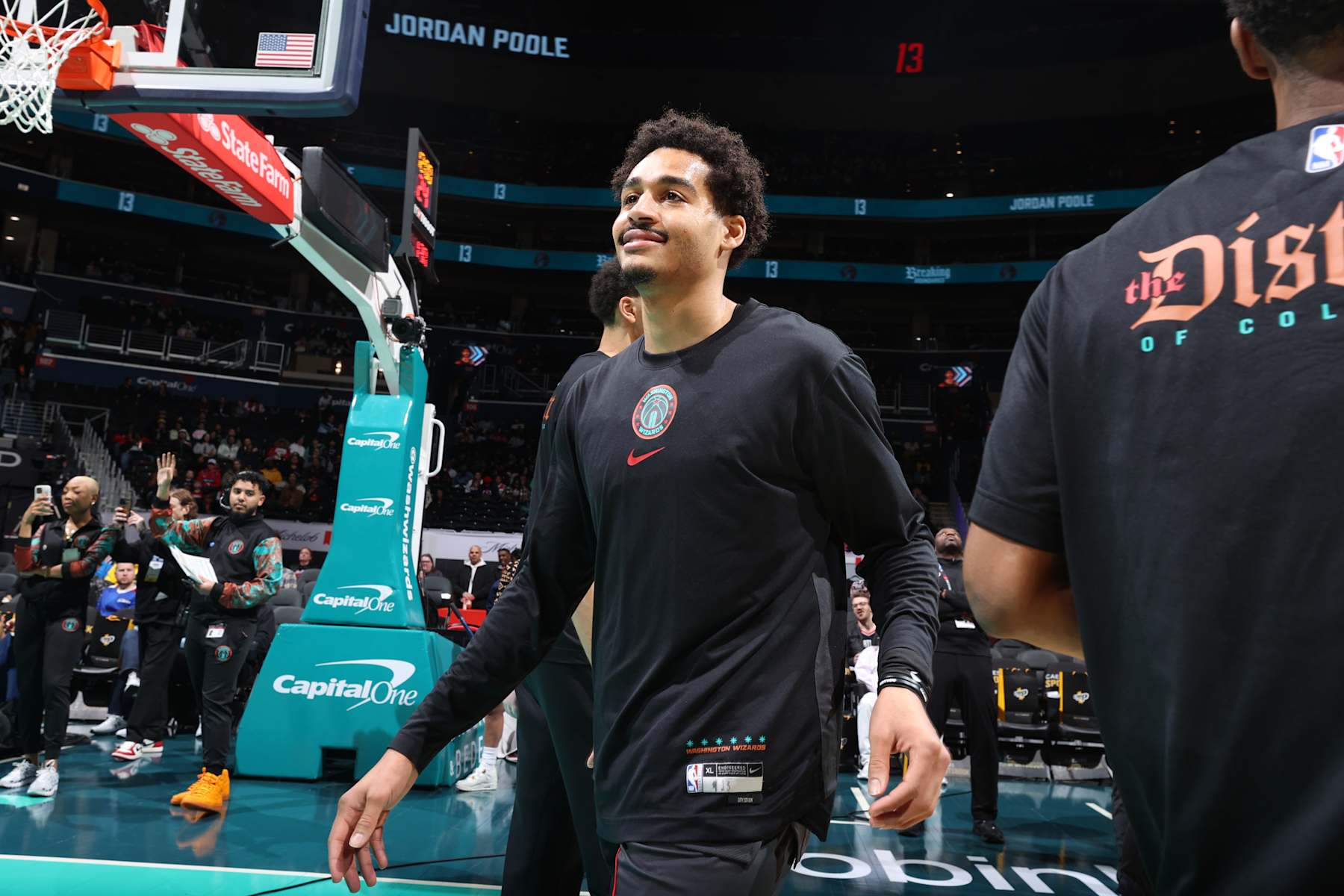 WASHINGTON, DC -  APRIL 5: Jordan Poole #13 of the Washington Wizards is introduced before the game against the Portland Trail Blazers on April 5, 2024 at Capital One Arena in Washington, DC. NOTE TO USER: User expressly acknowledges and agrees that, by downloading and or using this Photograph, user is consenting to the terms and conditions of the Getty Images License Agreement. Mandatory Copyright Notice: Copyright 2024 NBAE (Photo by Stephen Gosling/NBAE via Getty Images)