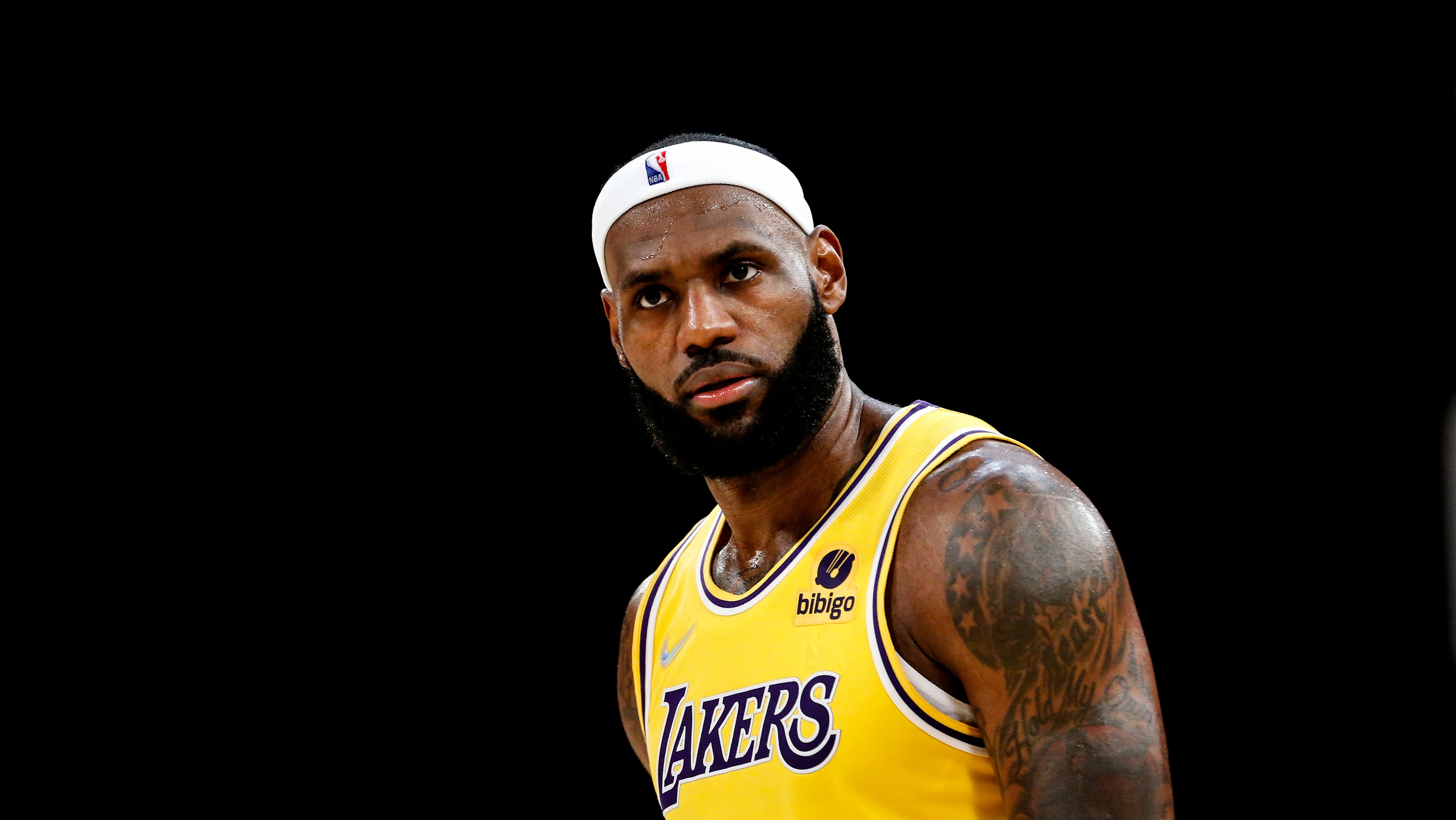 Los Angeles Lakers forward LeBron James (6) looks on during the second half of an NBA basketball game against the Golden State Warriors in Los Angeles, Tuesday, Oct. 19, 2021. The Warriors won 121-114. (AP Photo/Ringo H.W. Chiu)