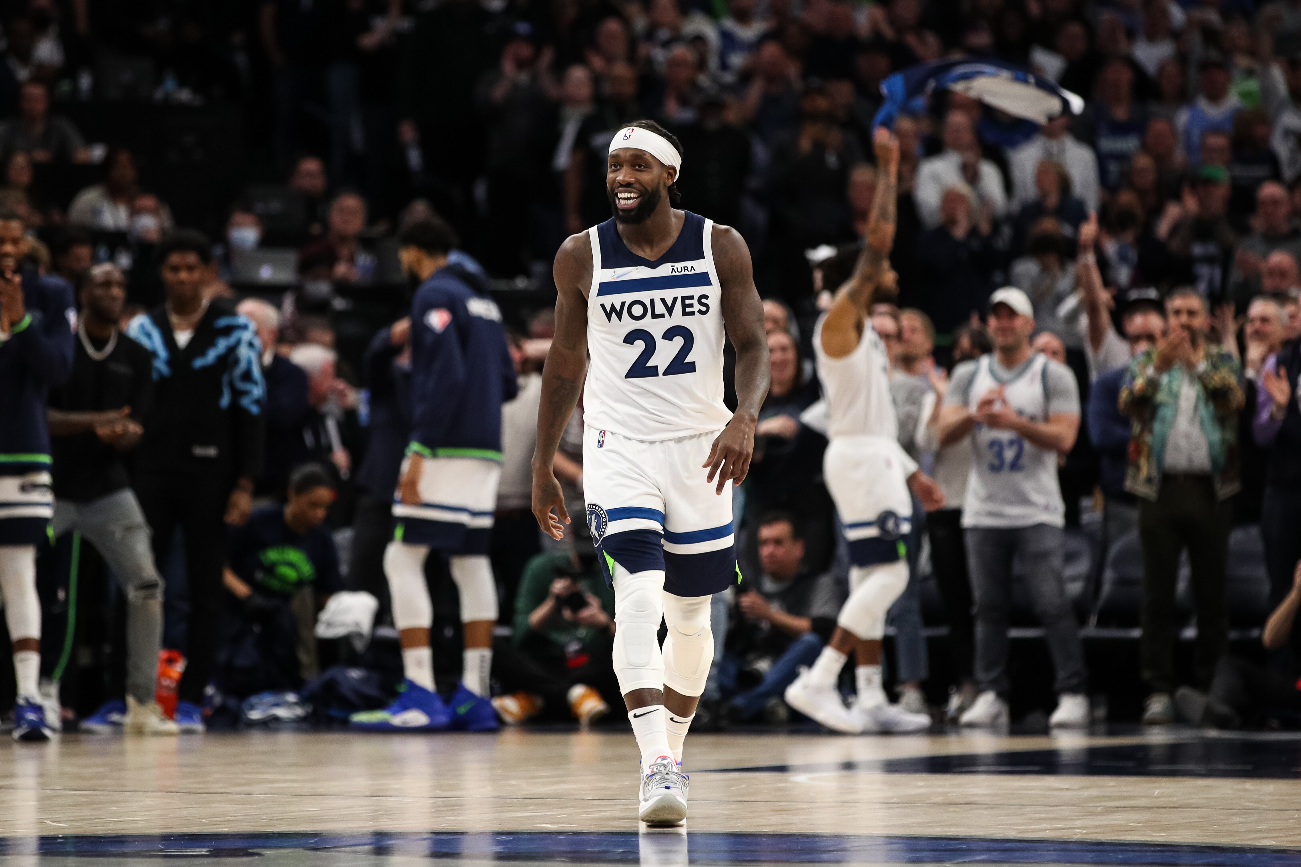 MINNEAPOLIS, MN - APRIL 12: Patrick Beverley #22 of the Minnesota Timberwolves celebrates a call against the Los Angeles Clippers in the fourth quarter during a Play-In Tournament game at Target Center on April 12, 2022 in Minneapolis, Minnesota. The Timberwolves won 109-104 to advance to the NBA Playoffs. NOTE TO USER: User expressly acknowledges and agrees that, by downloading and or using this Photograph, user is consenting to the terms and conditions of the Getty Images License Agreement. (Photo by David Berding/Getty Images)