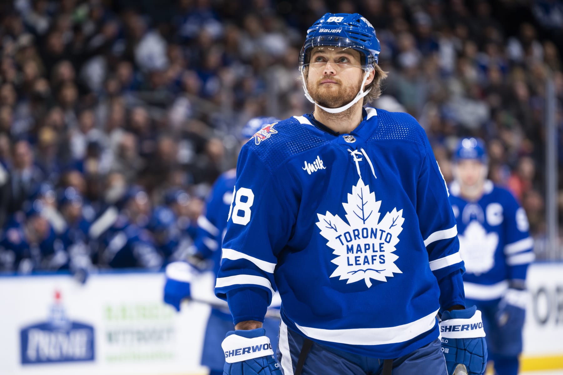 TORONTO, ON - DECEMBER 30: William Nylander #88 of the Toronto Maple Leafs looks on against the Carolina Hurricanes during the first period at the Scotiabank Arena on December 30, 2023 in Toronto, Ontario, Canada. (Photo by Mark Blinch/NHLI via Getty Images)