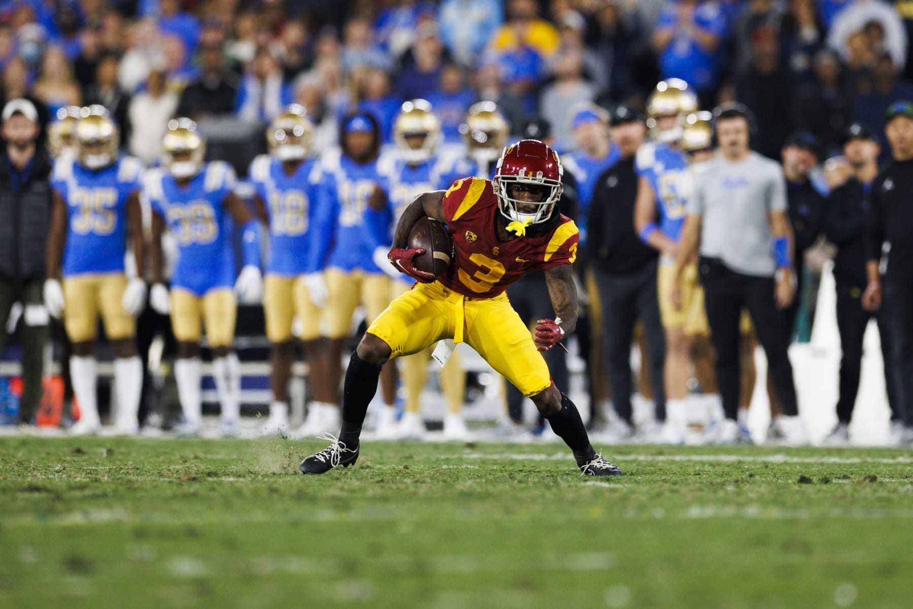 PASADENA, CA - NOVEMBER 19: USC Trojans wide receiver Jordan Addison (3) runs after the catch during the NCAA college football game between the USC Trojans and the UCLA Bruins on November 19, 2022 at the Rose Bowl Stadium in Pasadena, CA. (Photo by Ric Tapia/Icon Sportswire via Getty Images)