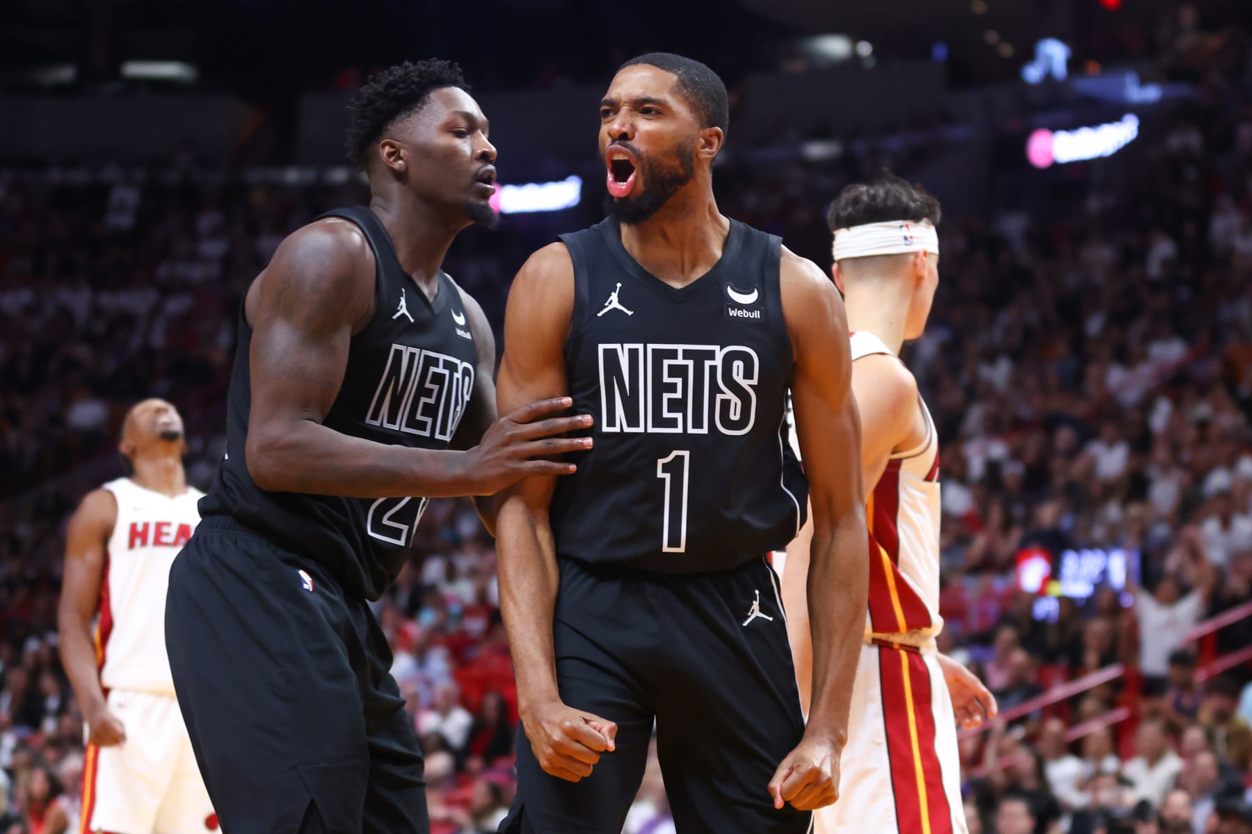 MIAMI, FLORIDA - NOVEMBER 01: Mikal Bridges #1 of the Brooklyn Nets reacts during the fourth quarter of the game against the Miami Heat at Kaseya Center on November 01, 2023 in Miami, Florida. NOTE TO USER: User expressly acknowledges and agrees that, by downloading and or using this photograph, User is consenting to the terms and conditions of the Getty Images License Agreement. (Photo by Megan Briggs/Getty Images)