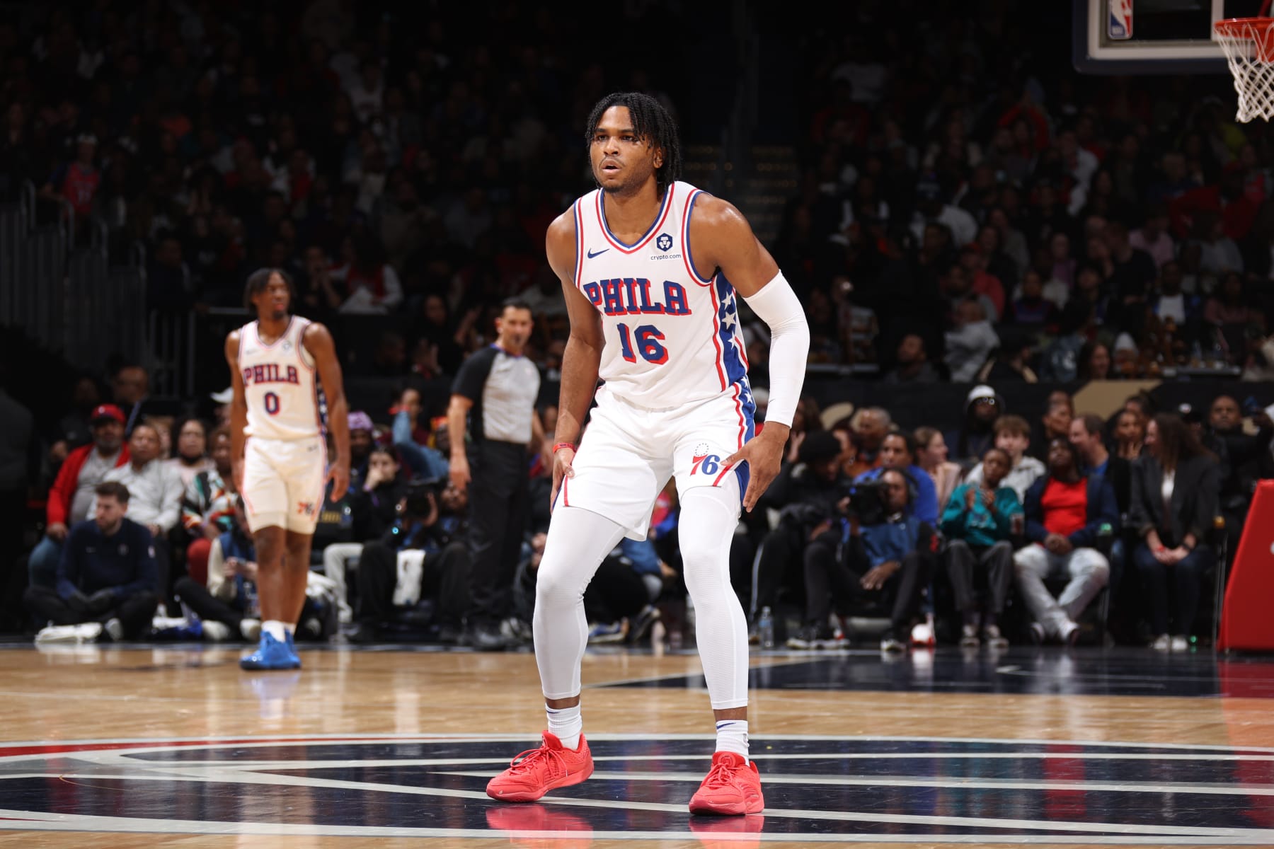 WASHINGTON, DC -  FEBRUARY 10: Ricky Council IV #16 of the Philadelphia 76ers looks on during the game against the Washington Wizards on February 10, 2024 at Capital One Arena in Washington, DC. NOTE TO USER: User expressly acknowledges and agrees that, by downloading and or using this Photograph, user is consenting to the terms and conditions of the Getty Images License Agreement. Mandatory Copyright Notice: Copyright 2024 NBAE (Photo by Stephen Gosling/NBAE via Getty Images)
