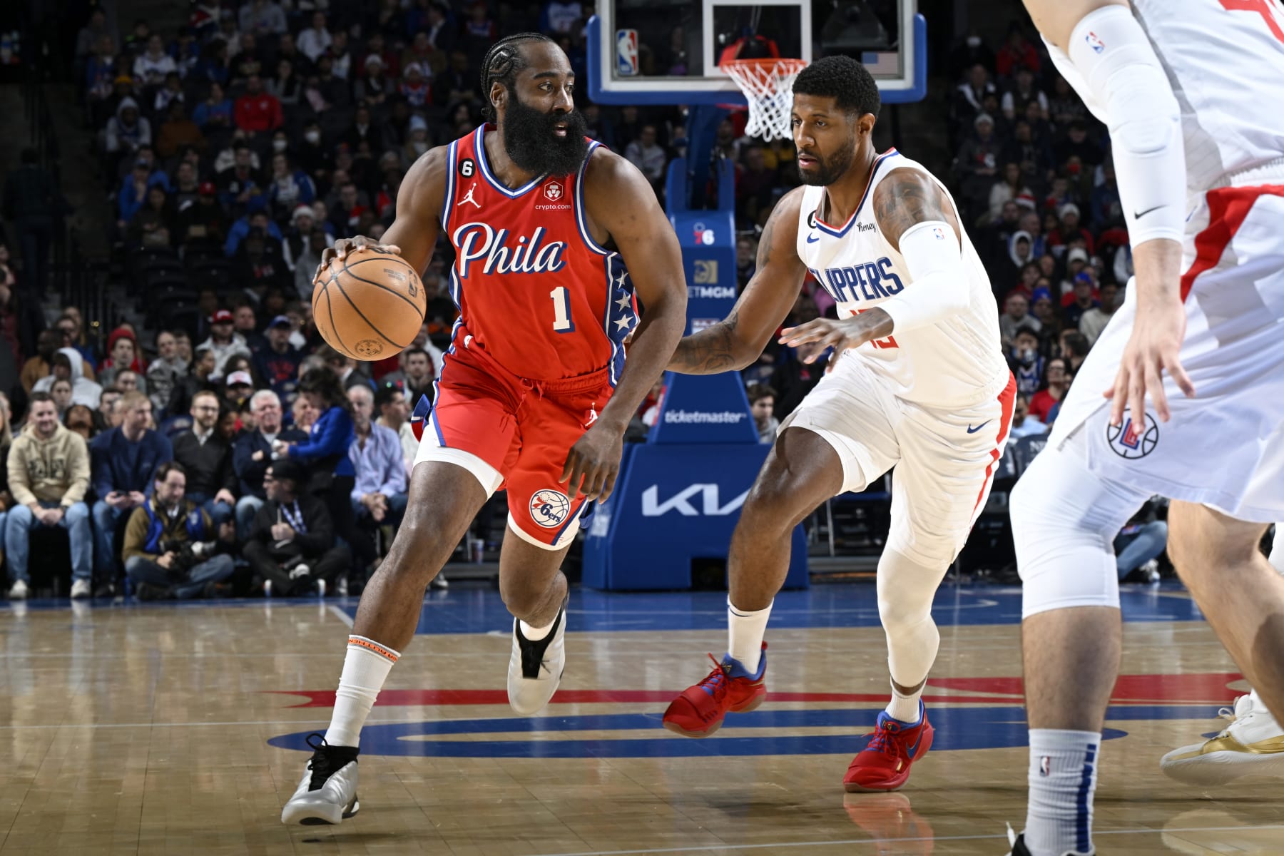 PHILADELPHIA, PA - DECEMBER 23: James Harden #1 of the Philadelphia 76ers dribbles the ball during the game against the LA Clippers on December 23, 2022 at the Wells Fargo Center in Philadelphia, Pennsylvania NOTE TO USER: User expressly acknowledges and agrees that, by downloading and/or using this Photograph, user is consenting to the terms and conditions of the Getty Images License Agreement. Mandatory Copyright Notice: Copyright 2022 NBAE (Photo by David Dow/NBAE via Getty Images)