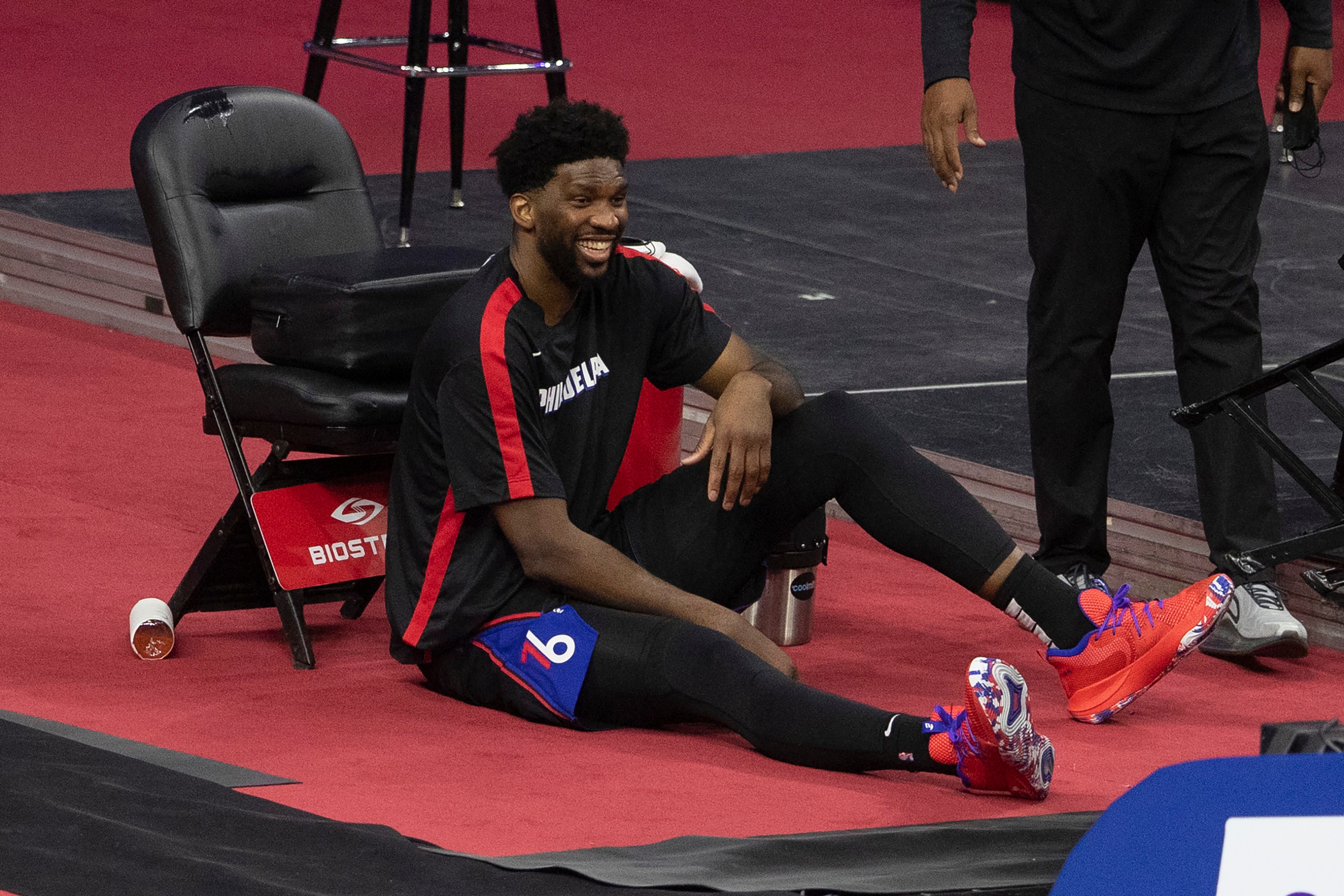 PHILADELPHIA, PA - MAY 08: Joel Embiid #21 of the Philadelphia 76ers reacts from the bench against the Detroit Pistons in the third quarter at the Wells Fargo Center on May 8, 2021 in Philadelphia, Pennsylvania. The 76ers defeated the Pistons 118-104. NOTE TO USER: User expressly acknowledges and agrees that, by downloading and or using this photograph, User is consenting to the terms and conditions of the Getty Images License Agreement. (Photo by Mitchell Leff/Getty Images)