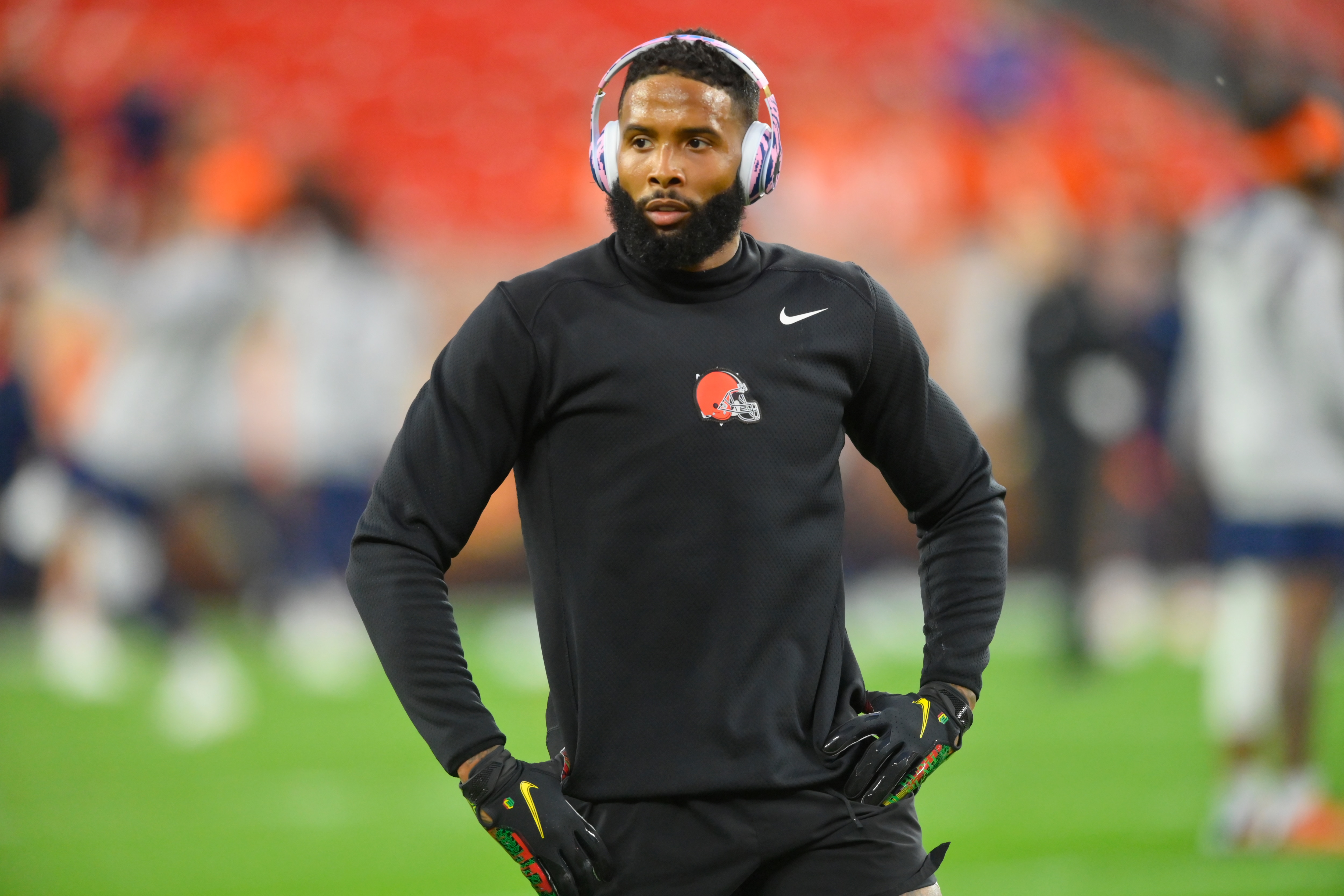 Cleveland Browns wide receiver Odell Beckham Jr. is shown during warm-ups before an NFL football game against the Denver Broncos, Thursday, Oct. 21, 2021, in Cleveland. (AP Photo/David Richard)