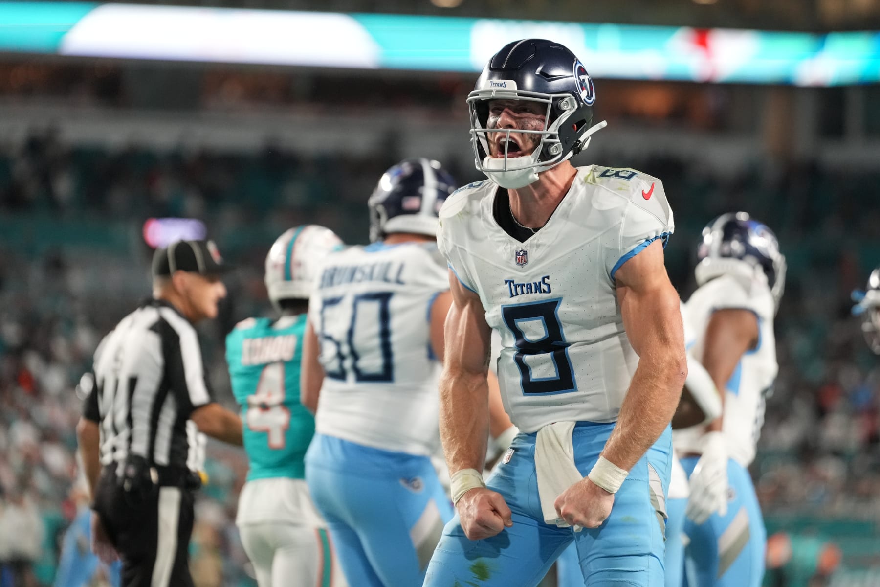 MIAMI GARDENS, FL - DECEMBER 11: Tennessee Titans quarterback Will Levis (8) celebrates after a go-ahead touchdown during the game between the Tennessee Titans and Miami Dolphins on Monday, Dec. 11, 2023 at Hard Rock Stadium, Miami Gardens, Fla. (Photo by Peter Joneleit/Icon Sportswire via Getty Images)