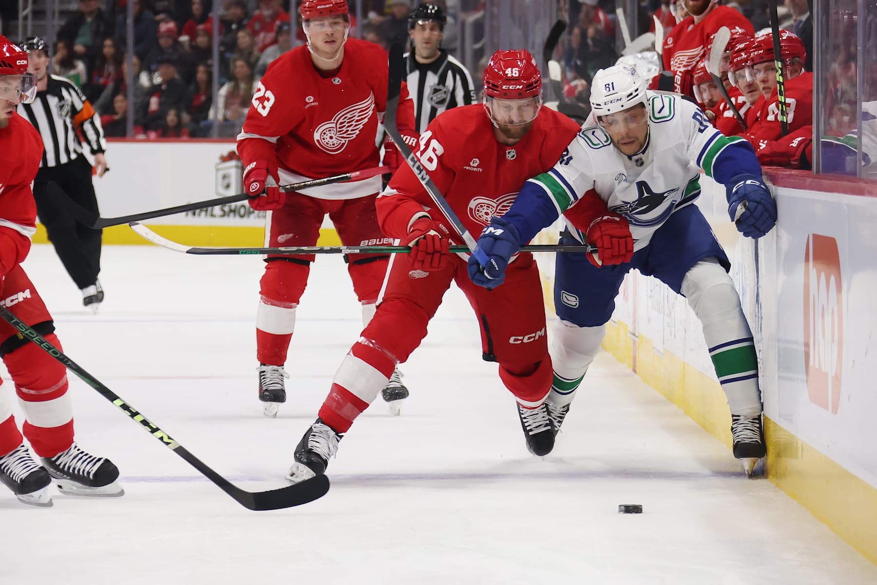 DETROIT, MICHIGAN - DECEMBER 01: Dakota Joshua #81 of the Vancouver Canucks tries to get around Jeff Petry #46 of the Detroit Red Wings during the first period at Little Caesars Arena on December 01, 2024 in Detroit, Michigan. (Photo by Gregory Shamus/Getty Images)