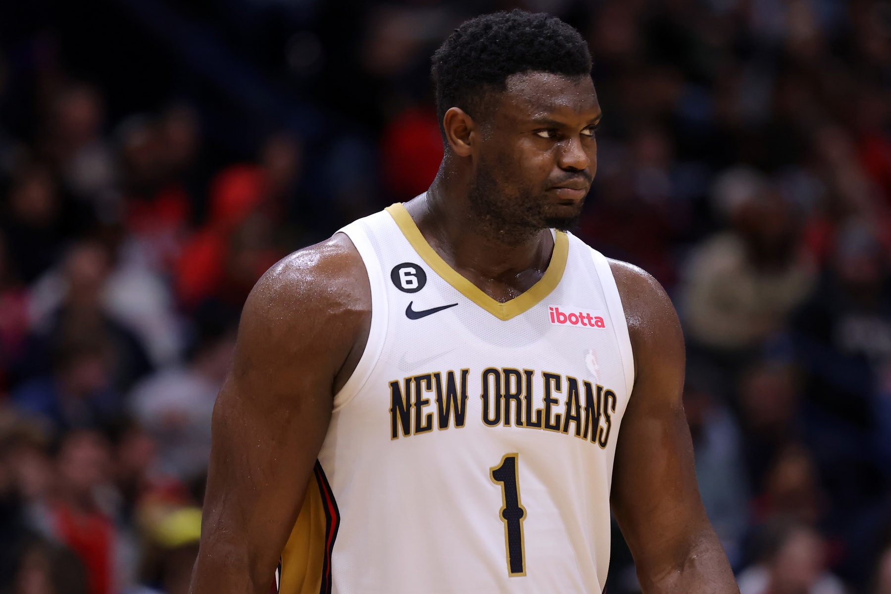 NEW ORLEANS, LOUISIANA - DECEMBER 19: Zion Williamson #1 of the New Orleans Pelicans reacts against the Milwaukee Bucks during a game at the Smoothie King Center on December 19, 2022 in New Orleans, Louisiana. NOTE TO USER: User expressly acknowledges and agrees that, by downloading and or using this Photograph, user is consenting to the terms and conditions of the Getty Images License Agreement. (Photo by Jonathan Bachman/Getty Images)