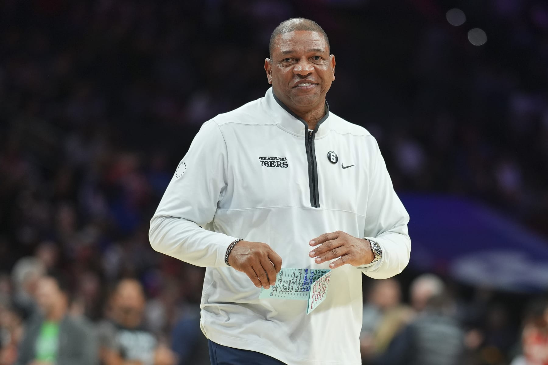 PHILADELPHIA, PA - NOVEMBER 28: Head coach Doc Rivers of the Philadelphia 76ers smiles against the Atlanta Hawks at the Wells Fargo Center on November 28, 2022 in Philadelphia, Pennsylvania. NOTE TO USER: User expressly acknowledges and agrees that, by downloading and or using this photograph, User is consenting to the terms and conditions of the Getty Images License Agreement. (Photo by Mitchell Leff/Getty Images)