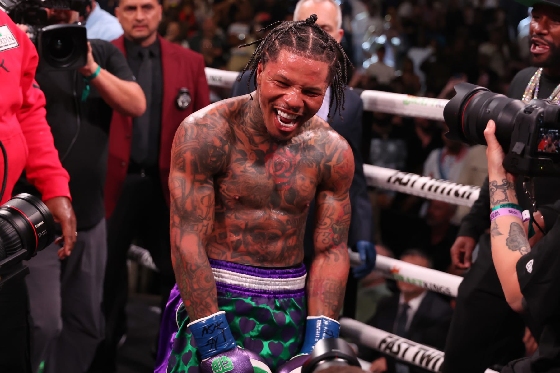 LAS VEGAS, NEVADA - APRIL 22: Gervonta Davis in the green and purple trunks reacts after defeating Ryan Garcia in the black trunks by knockout in the seventh round during their catchweight bout at T-Mobile Arena on April 22, 2023 in Las Vegas, Nevada. (Photo by Al Bello/Getty Images)