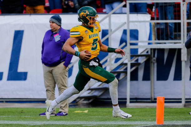 FRISCO, TX - JANUARY 11: North Dakota State Bison quarterback Trey Lance (5) runs for a touchdown during the NCAA Division I Football Championship Game between the North Dakota State Bison and the James Madison Dukes on January 11, 2020 at Toyota Stadium in Frisco, Texas. (Photo by Matthew Pearce/Icon Sportswire via Getty Images)