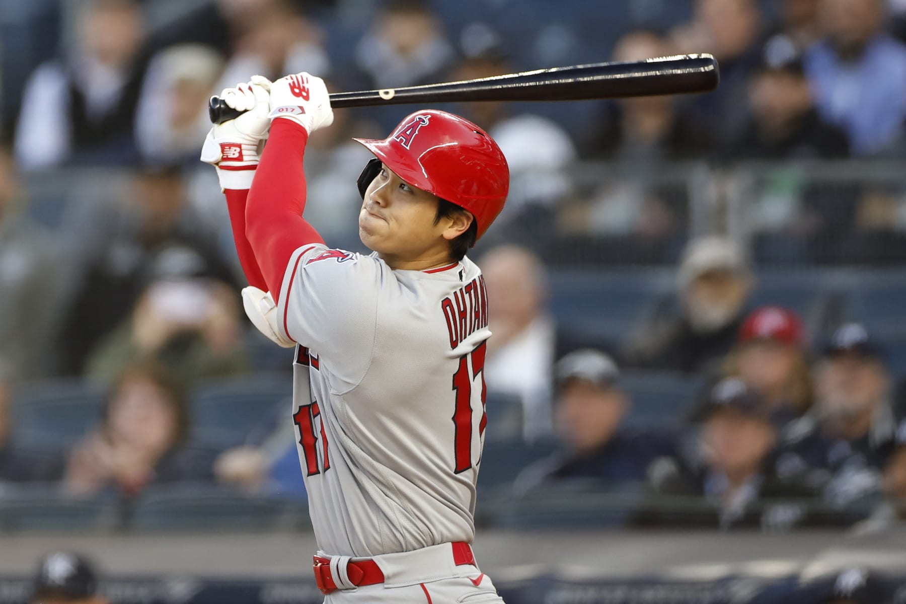 NEW YORK, NEW YORK - APRIL 19: Shohei Ohtani #17 of the Los Angeles Angels swings at a pitch during the first inning against the New York Yankees at Yankee Stadium on April 19, 2023 in the Bronx borough of New York City. (Photo by Sarah Stier/Getty Images)
