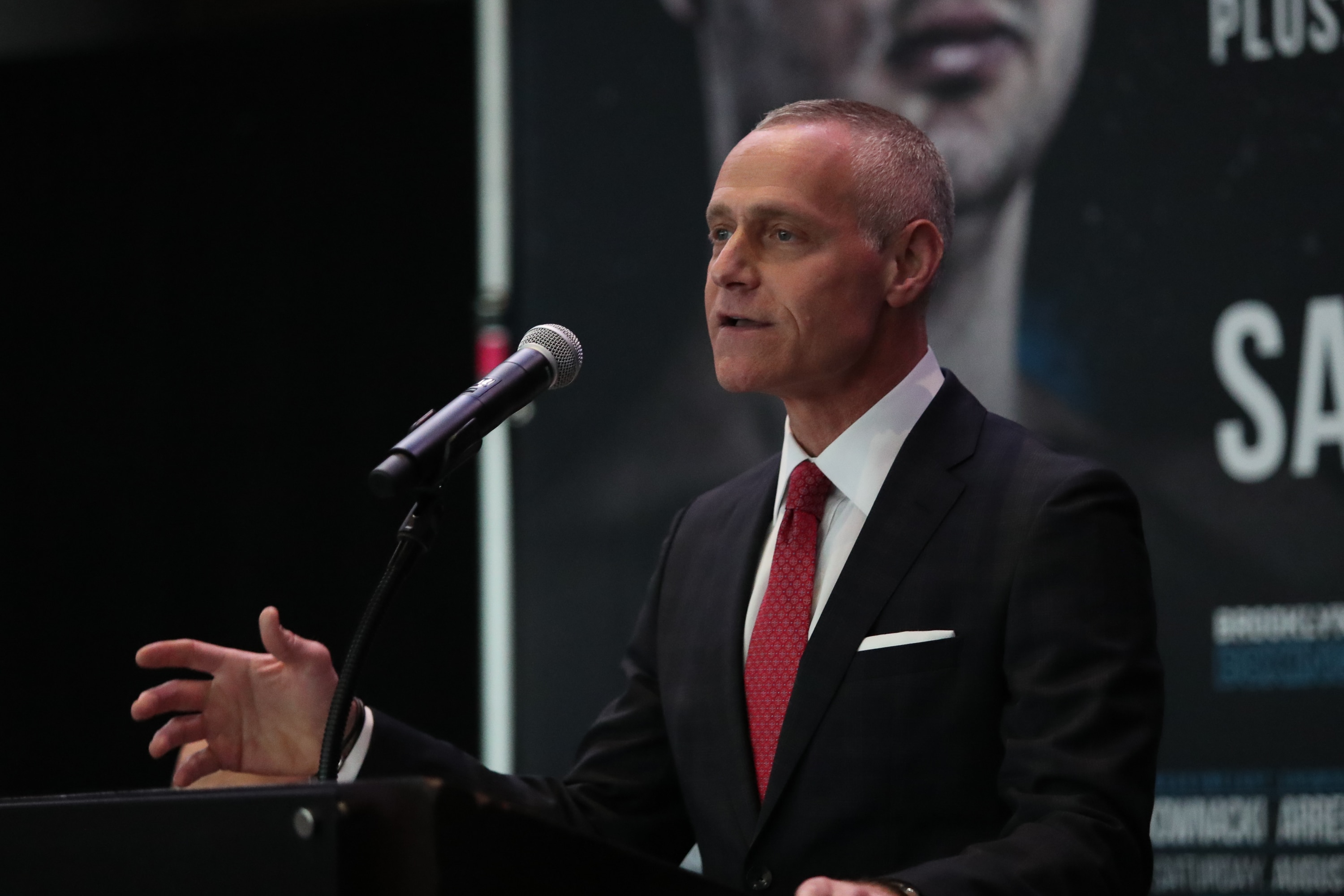 NEW YORK, NY - JUNE 18: Brett Yormark CEO of Barclays Center, talks with members of the media about the upcoming PBC on FOX card at Barclays Center on June 18, 2019 in New York City. (Photo by Edward Diller/Getty Images)