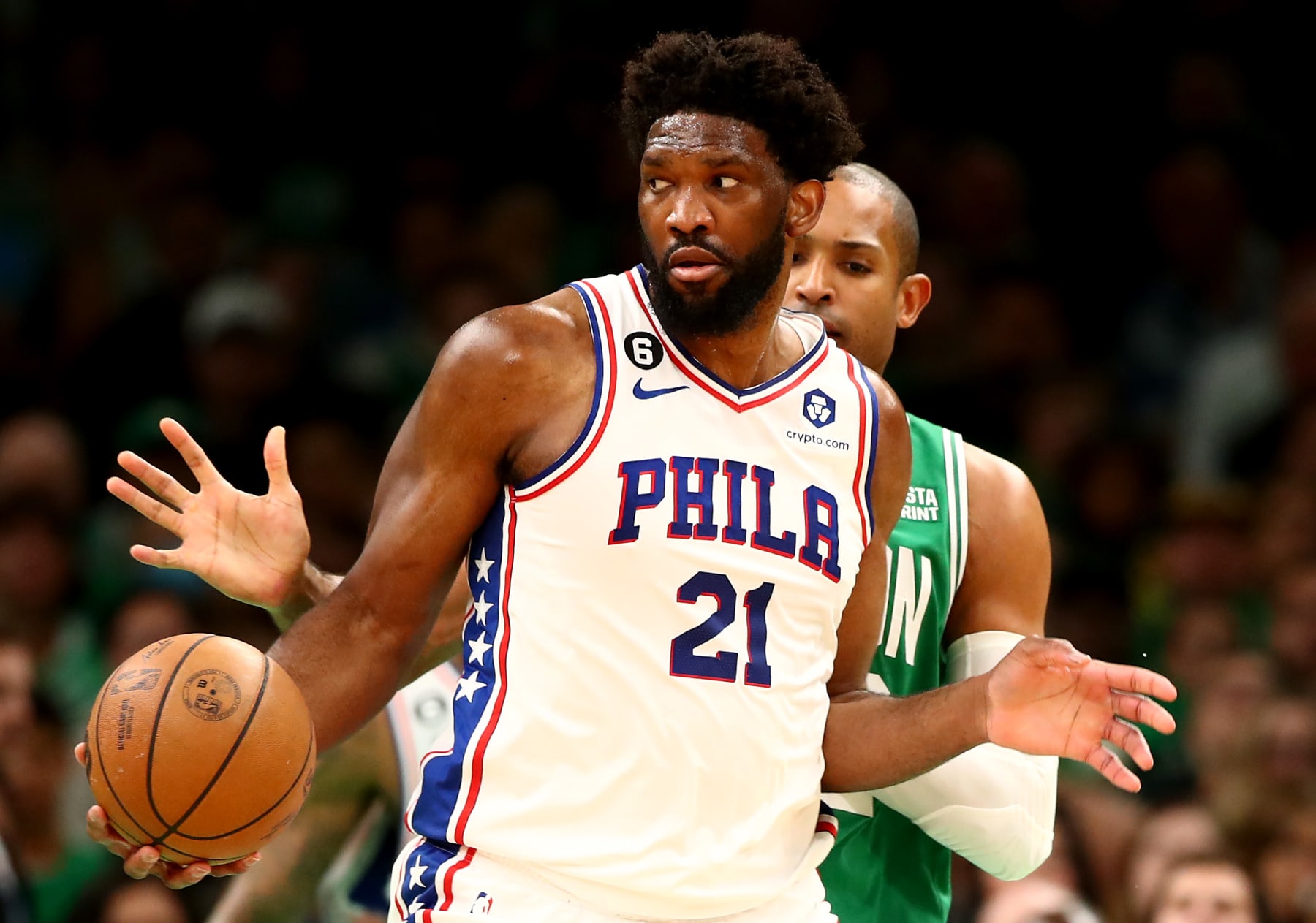 BOSTON, MASSACHUSETTS - MAY 14: Joel Embiid #21 of the Philadelphia 76ers controls the ball against Al Horford #42 of the Boston Celtics during the first quarter in game seven of the 2023 NBA Playoffs Eastern Conference Semifinals at TD Garden on May 14, 2023 in Boston, Massachusetts. NOTE TO USER: User expressly acknowledges and agrees that, by downloading and or using this photograph, User is consenting to the terms and conditions of the Getty Images License Agreement. (Photo by Adam Glanzman/Getty Images)