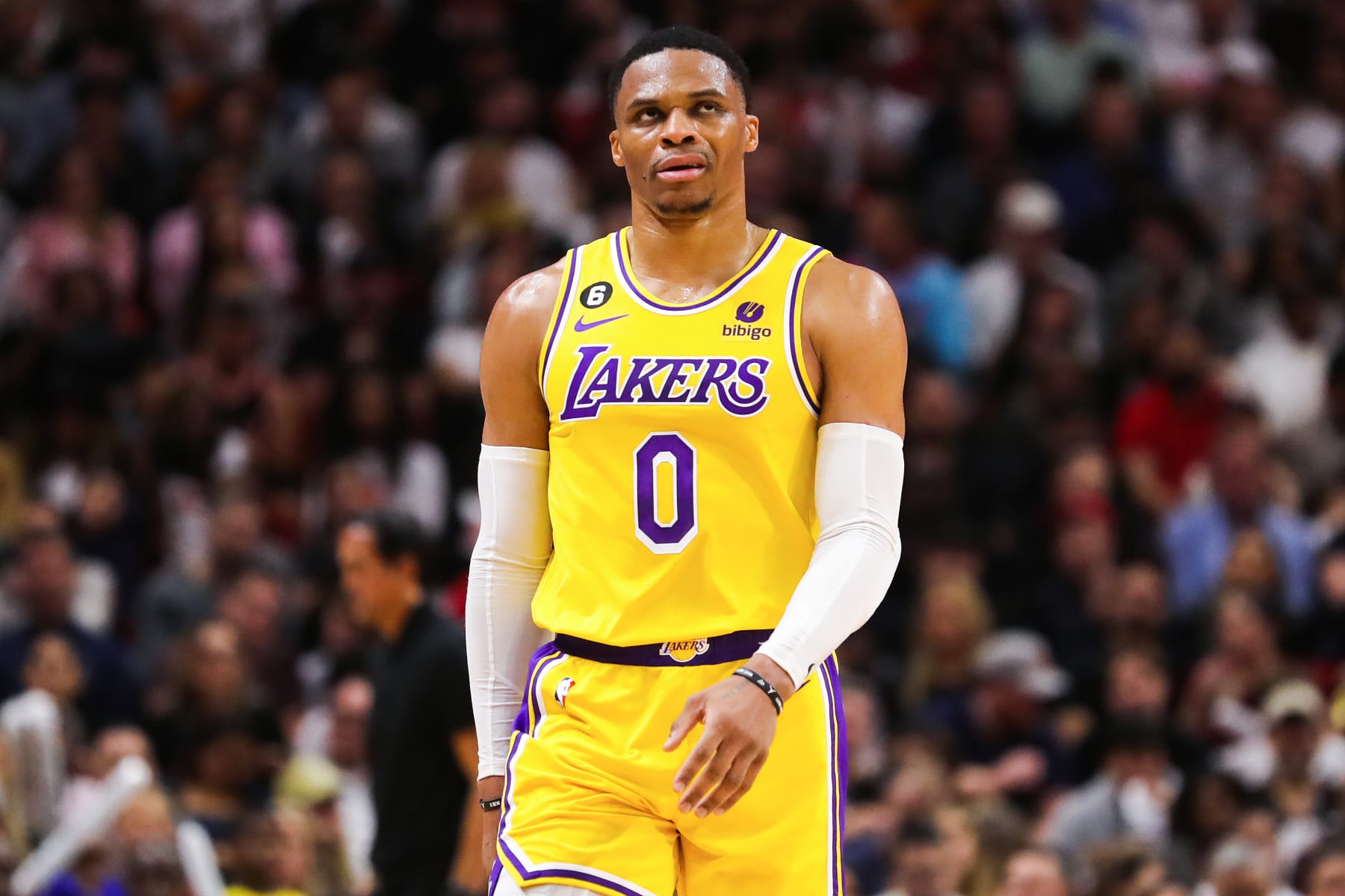MIAMI, FLORIDA - DECEMBER 28: Russell Westbrook #0 of the Los Angeles Lakers looks on against the Miami Heat during the fourth quarter at FTX Arena on December 28, 2022 in Miami, Florida. NOTE TO USER: User expressly acknowledges and agrees that, by downloading and or using this photograph, User is consenting to the terms and conditions of the Getty Images License Agreement. (Photo by Megan Briggs/Getty Images)