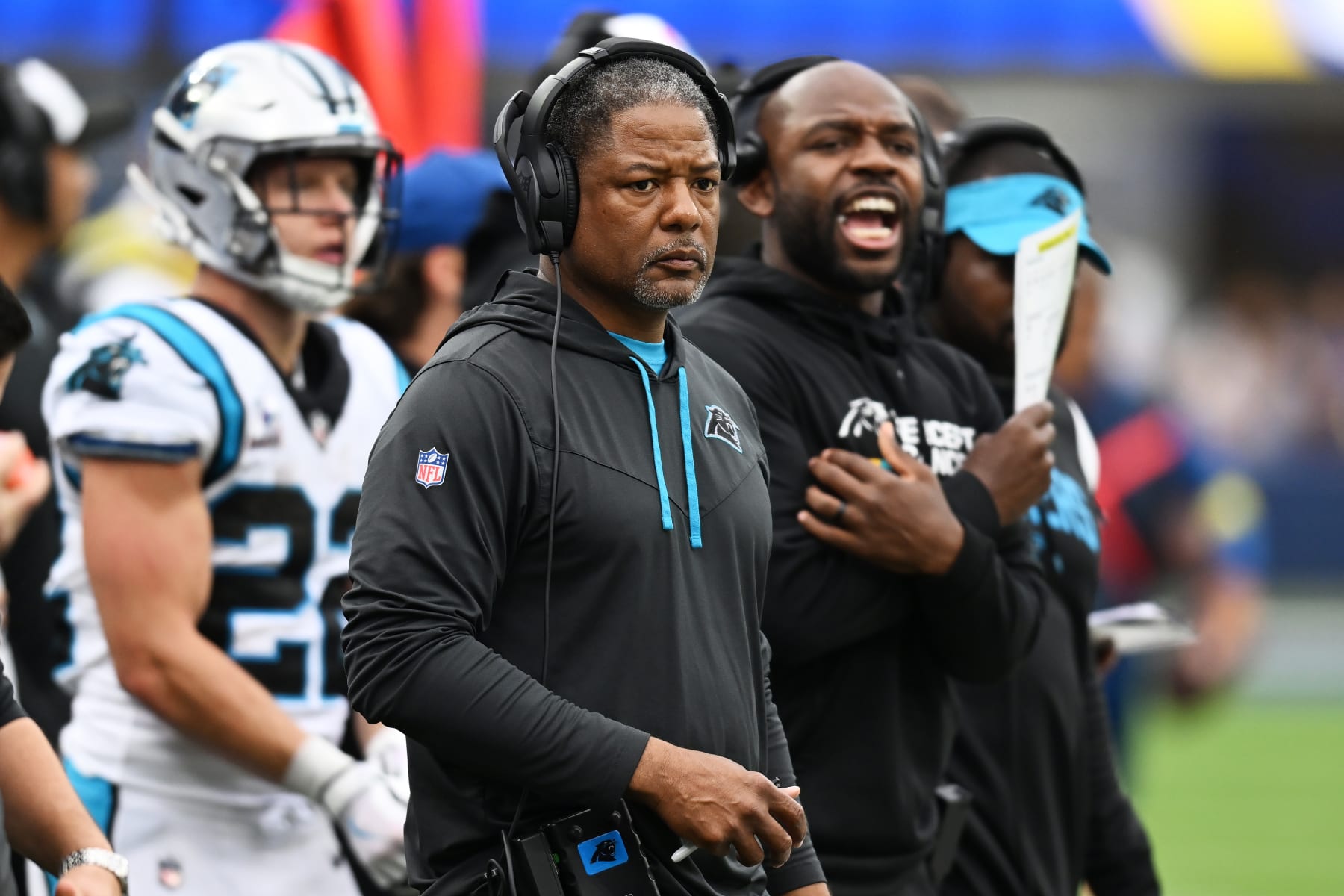INGLEWOOD, CALIFORNIA - OCTOBER 16: Head coach Steve Wilks of the Carolina Panthers watches his team during the first half against the Los Angeles Rams at SoFi Stadium on October 16, 2022 in Inglewood, California. (Photo by John McCoy/Getty Images)
