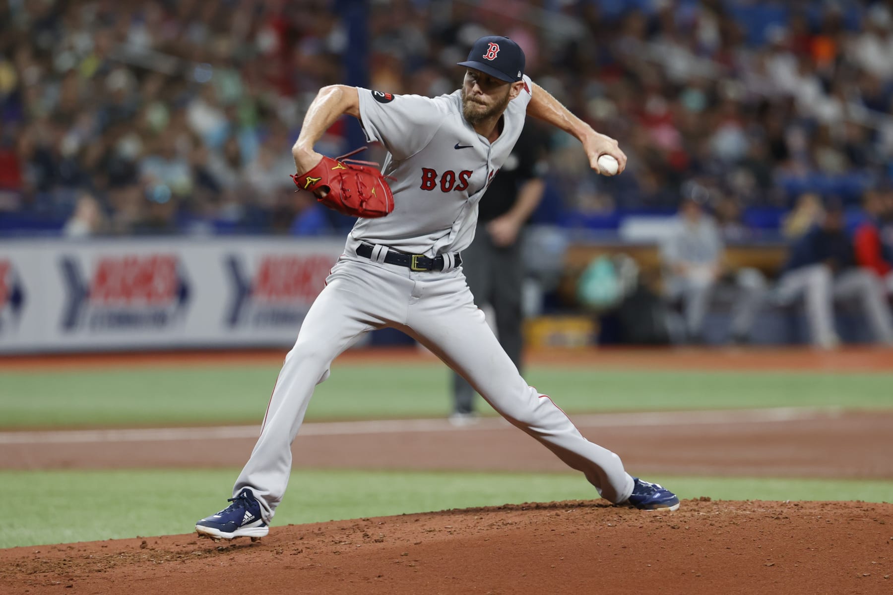 Boston Red Sox starting pitcher Chris Sale throws to Tampa Bay Rays batter during a baseball game Tuesday July 12, 2022, in St. Petersburg, Fla. (AP Photo/Scott Audette)