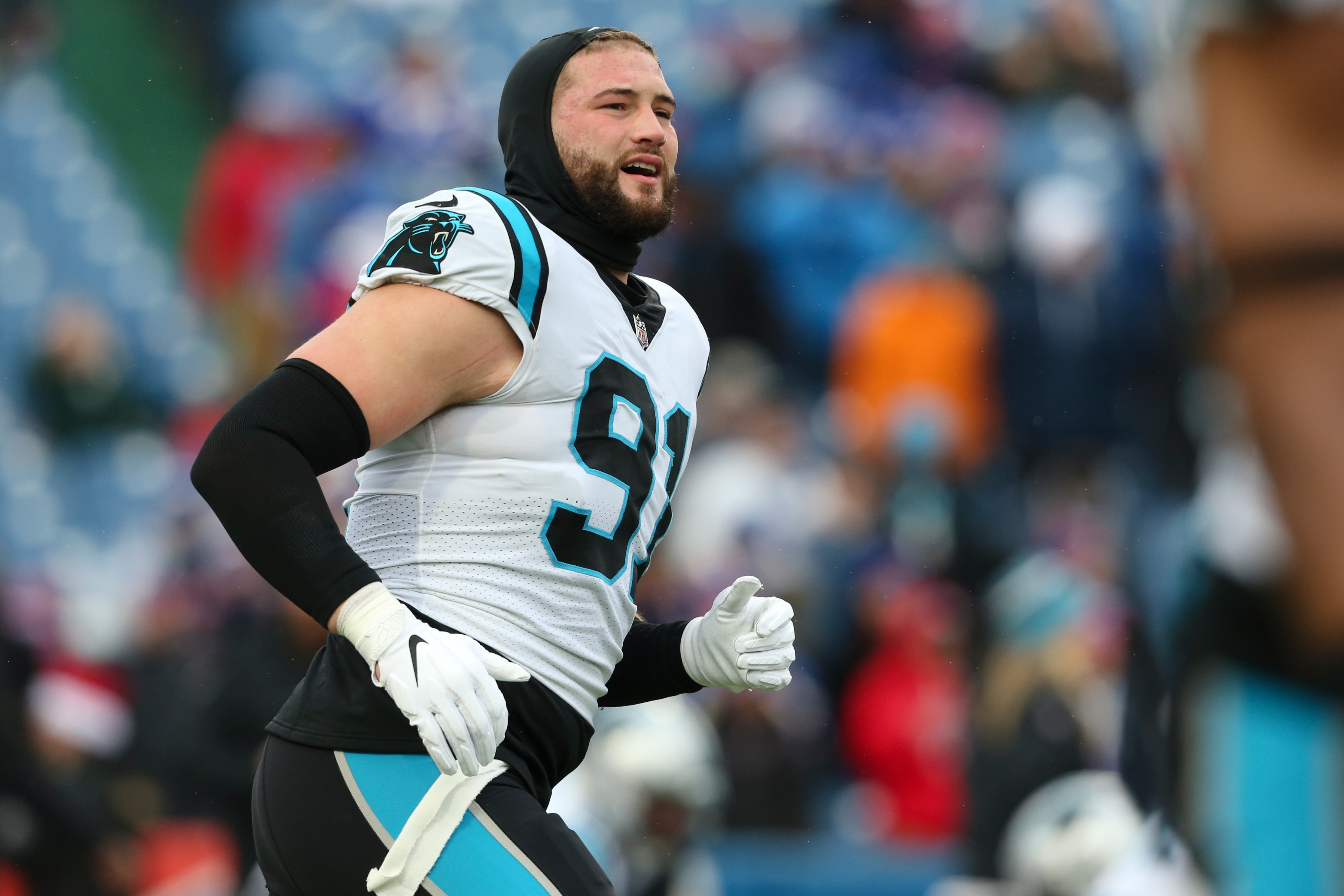 Carolina Panthers defensive end Morgan Fox practices before an NFL football game against the Buffalo Bills, Sunday, Dec. 19, 2021, in Orchard Park, N.Y. (AP Photo/Joshua Bessex)