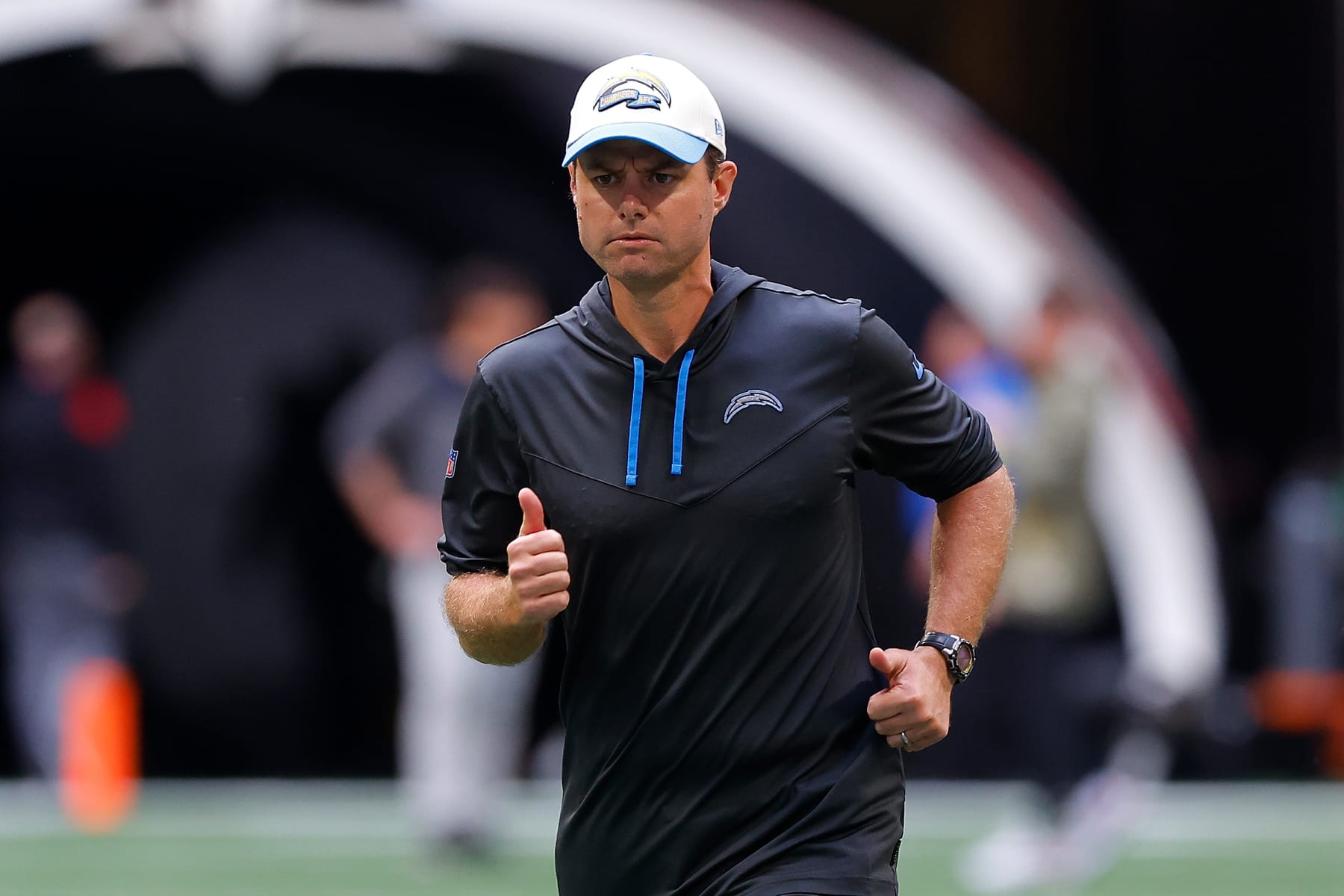 ATLANTA, GEORGIA - NOVEMBER 06: Head coach Brandon Staley of the Los Angeles Chargers on the field prior to the game against the Atlanta Falcons at Mercedes-Benz Stadium on November 06, 2022 in Atlanta, Georgia. (Photo by Todd Kirkland/Getty Images)