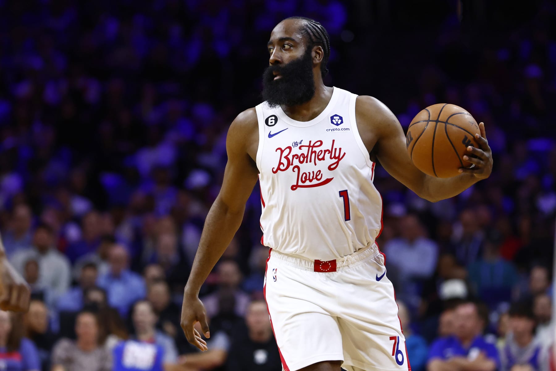PHILADELPHIA, PA - APRIL 06: James Harden #1 of the Philadelphia 76ers in action against the Miami Heat during a game at Wells Fargo Center on April 6, 2023 in Philadelphia, Pennsylvania. The Heat defeated the 76ers 129-101. NOTE TO USER: User expressly acknowledges and agrees that, by downloading and or using this photograph, User is consenting to the terms and conditions of the Getty Images License Agreement. (Photo by Rich Schultz/Getty Images)