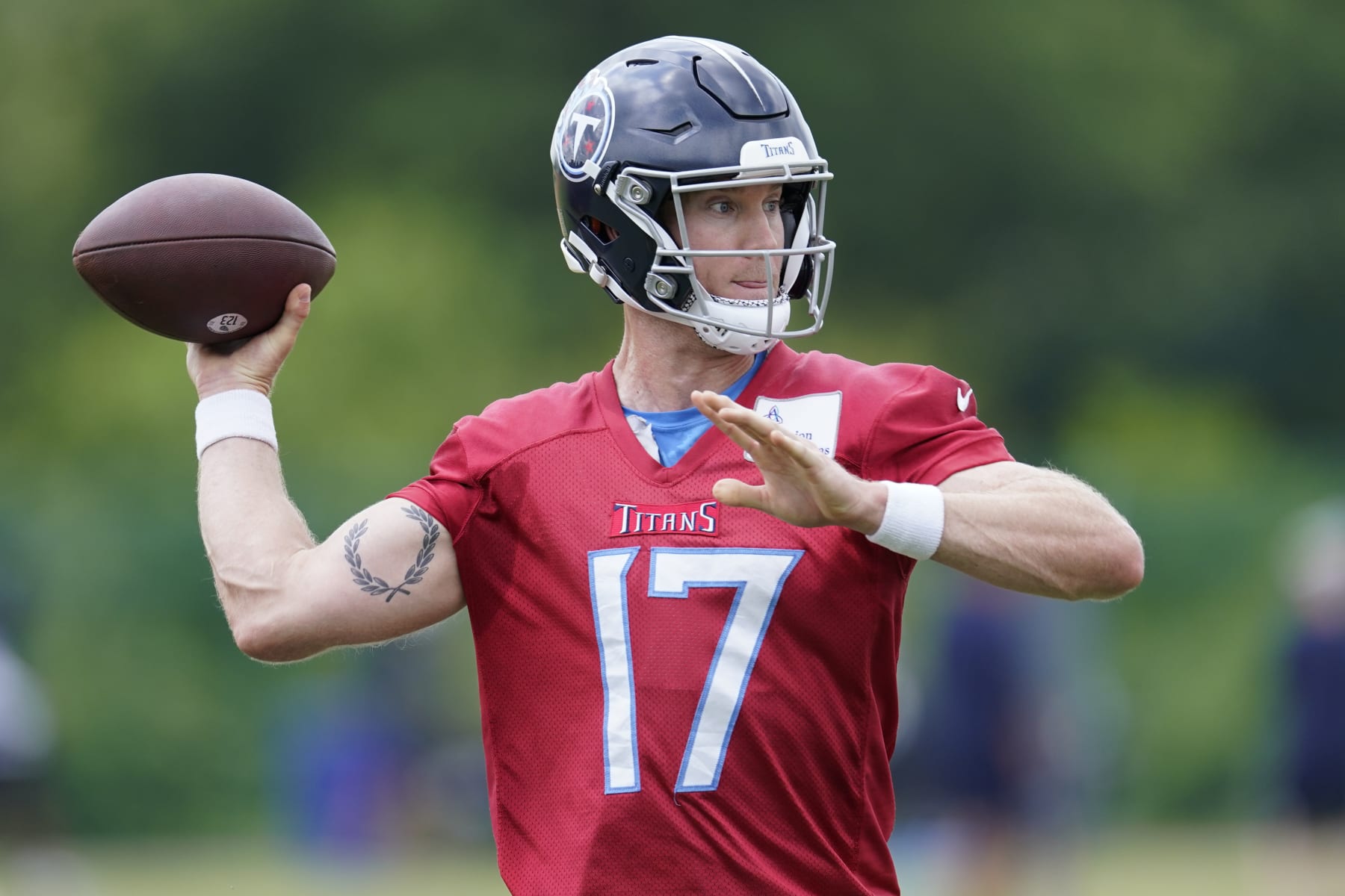 Tennessee Titans quarterback Ryan Tannehill (17) throws a pass during NFL football practice Wednesday, May 31, 2023, in Nashville, Tenn. (AP Photo/George Walker IV)
