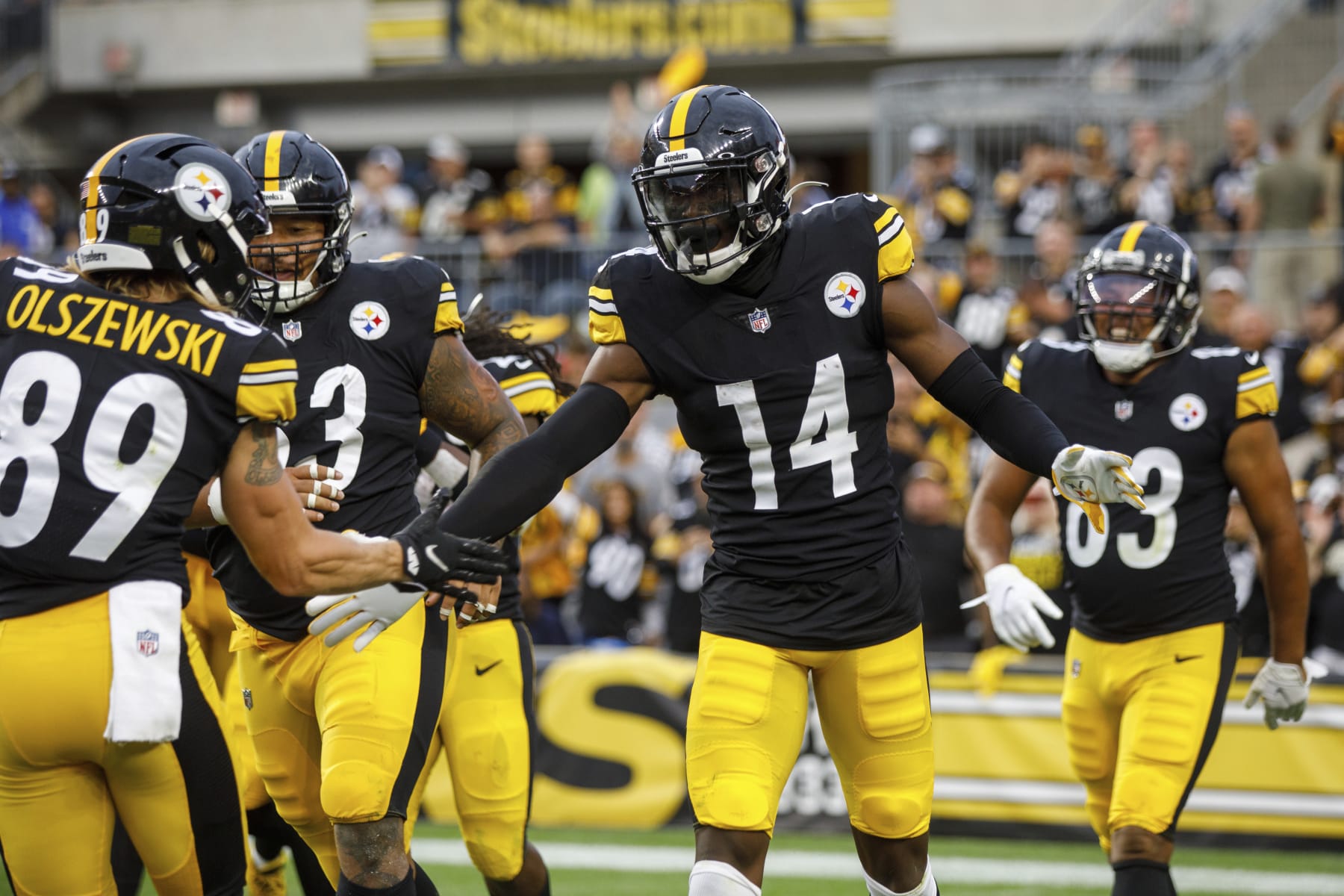 Pittsburgh Steelers wide receiver George Pickens (14) celebrates after a touchdown catch during a preseason NFL football game, Saturday, Aug. 13, 2022, in Pittsburgh, PA. (AP Photo/Matt Durisko)