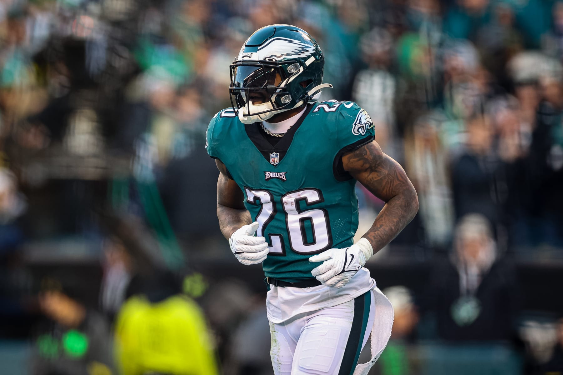 PHILADELPHIA, PA - DECEMBER 04: Miles Sanders #26 of the Philadelphia Eagles looks on during the second half of the game against the Tennessee Titans at Lincoln Financial Field on December 4, 2022 in Philadelphia, Pennsylvania. (Photo by Scott Taetsch/Getty Images)