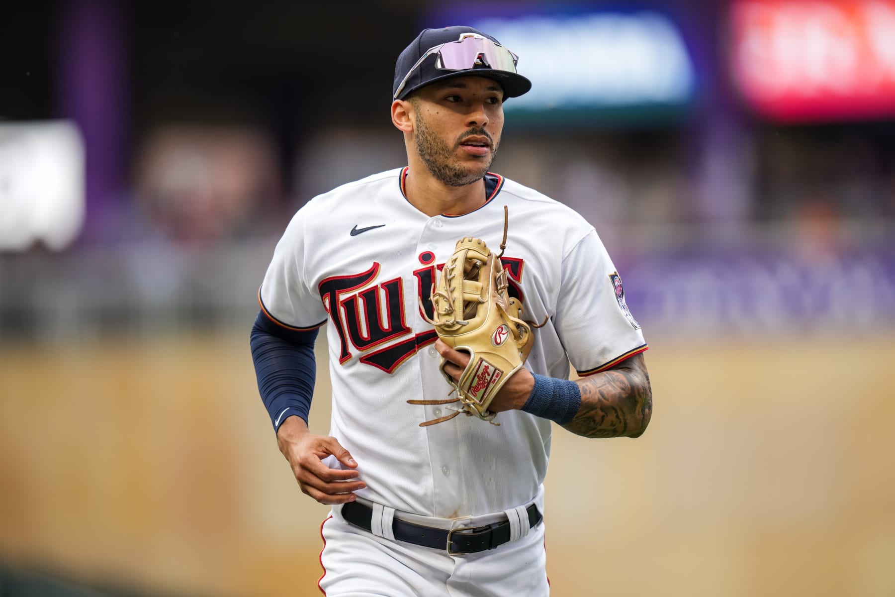 MINNEAPOLIS, MN - AUGUST 28: Carlos Correa #4 of the Minnesota Twins looks on against the San Francisco Giants on August 28, 2022 at Target Field in Minneapolis, Minnesota. (Photo by Brace Hemmelgarn/Minnesota Twins/Getty Images)
